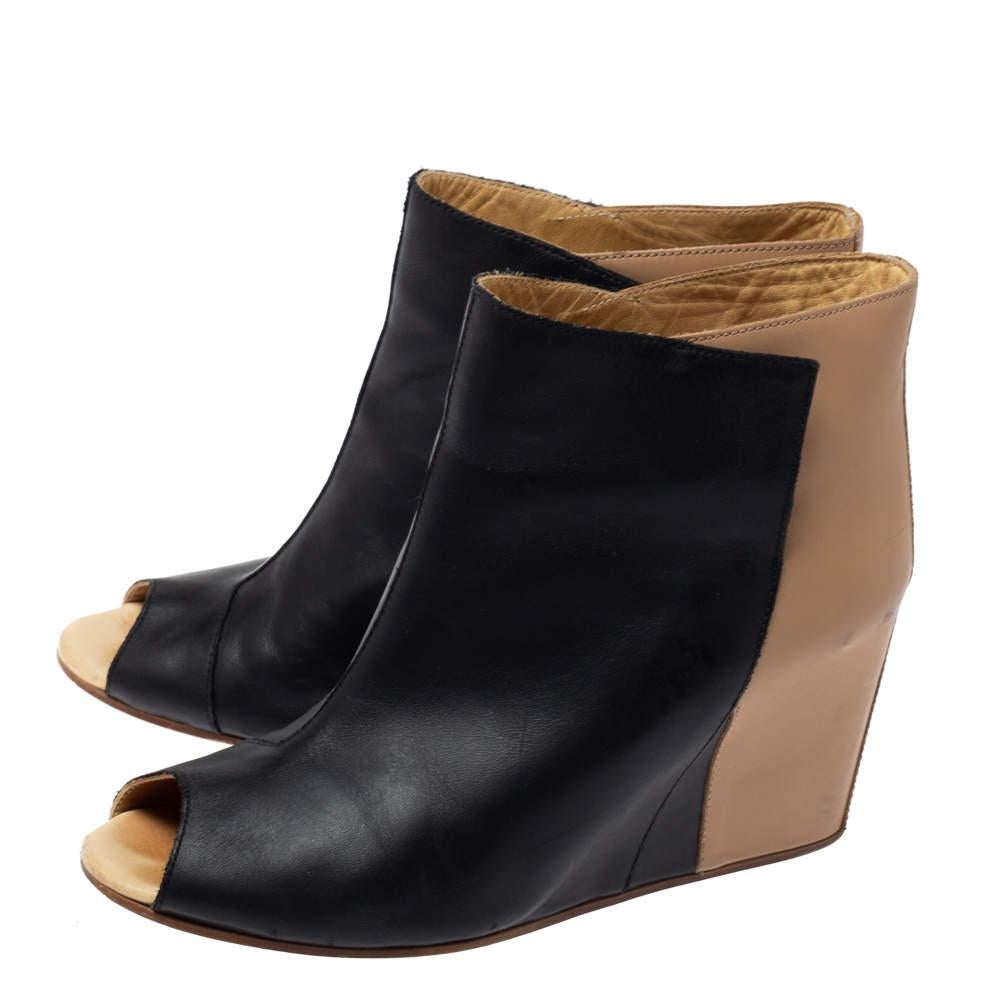 Women's Maison Martin Margiela Black/Beige Leather Peep Toe Ankle Boots Size 39