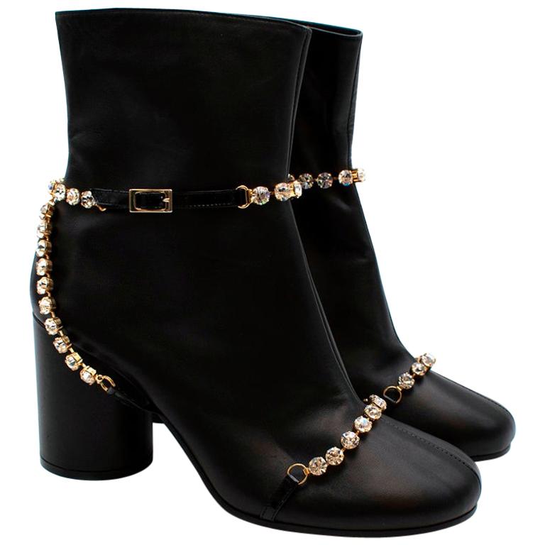 Maison Martin Margiela Black Leather Crystal Embellished Ankle Boots - Size 40