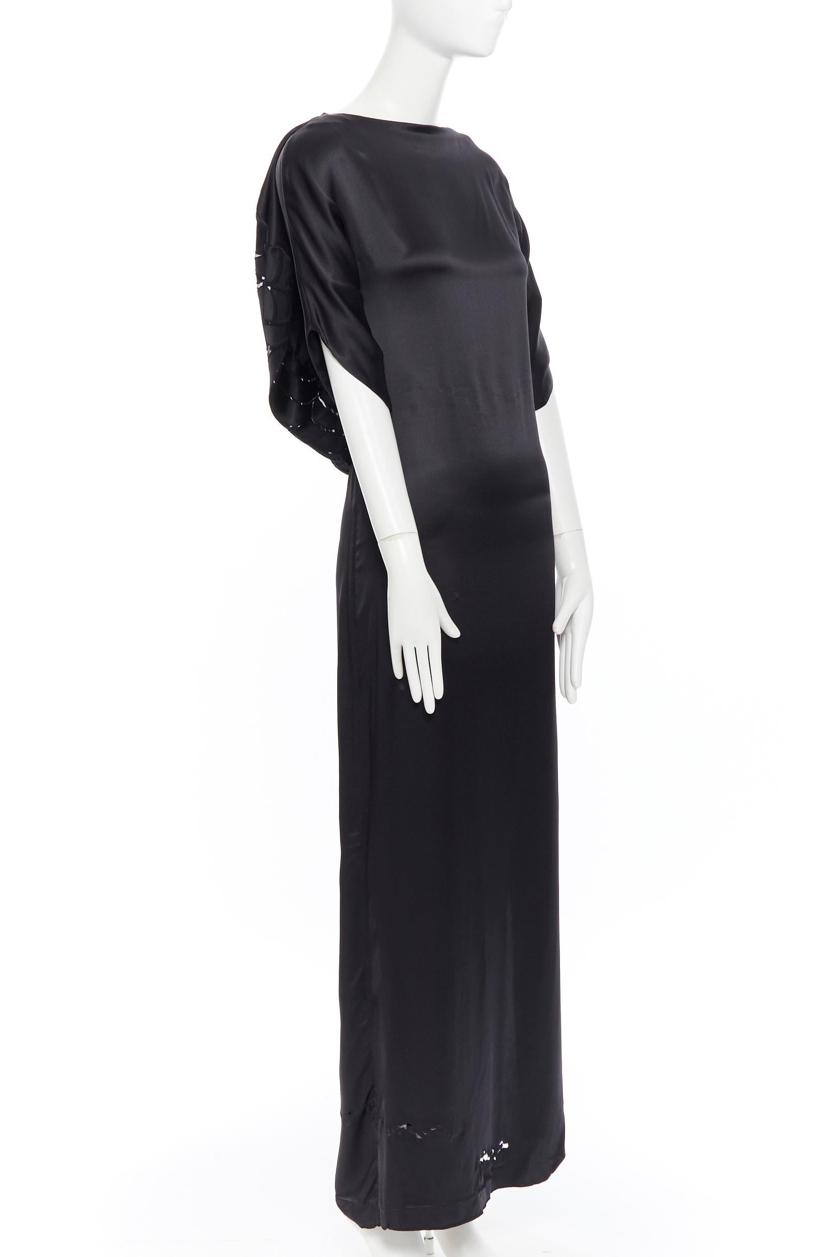 MAISON MARTIN MARGIELA black silk cocoon bias cut dress gown cape slit maxi IT36 
Reference: JETI/A00170 
Brand: Maison Margiela 
Designer: Martin Margiela 
Material: Silk 
Color: Black 
Pattern: Solid 
Extra Detail: Bias cut dress. Rounded cocoon