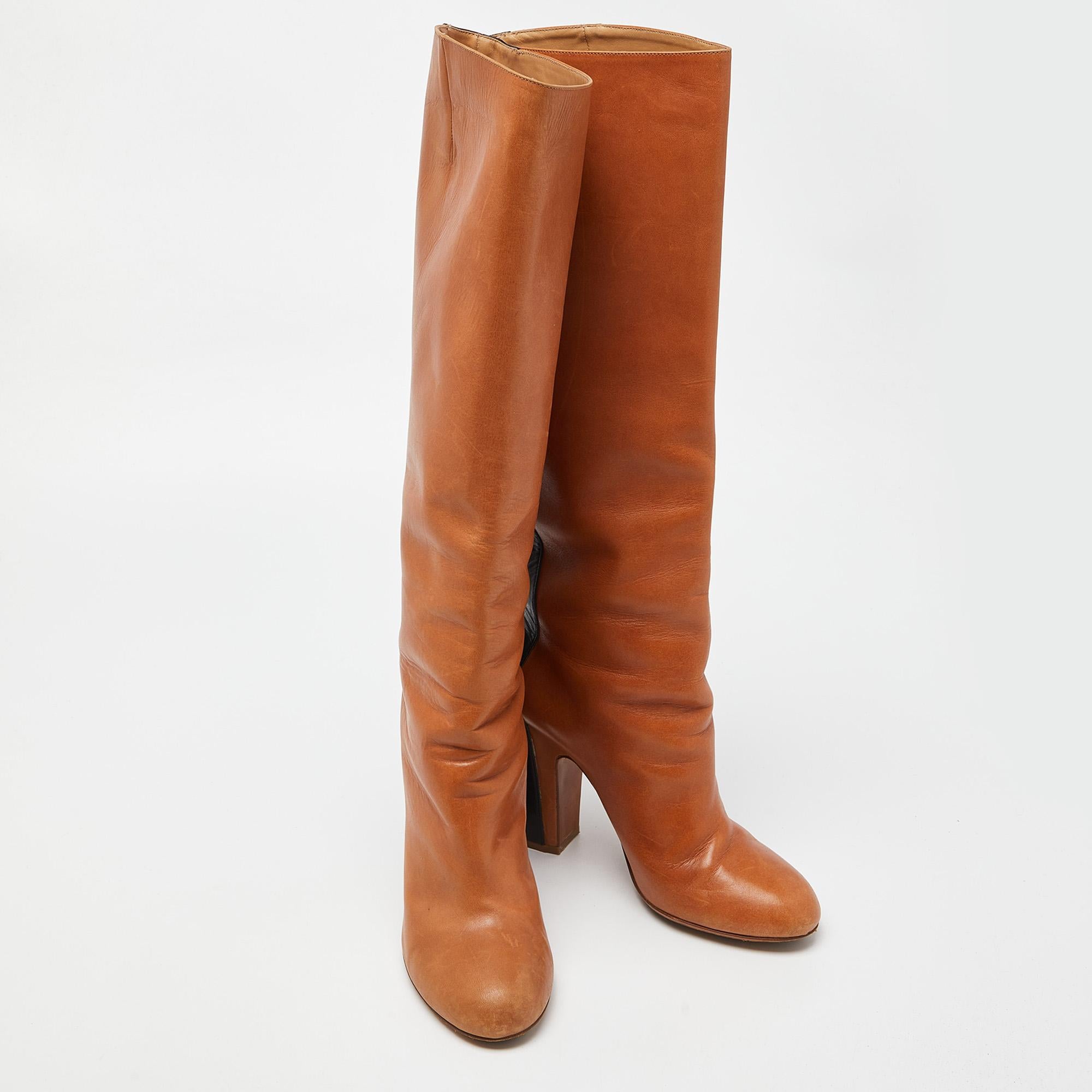 Women's Maison Martin Margiela Brown/Black Leather Knee Length Block Heel Boots Size 40