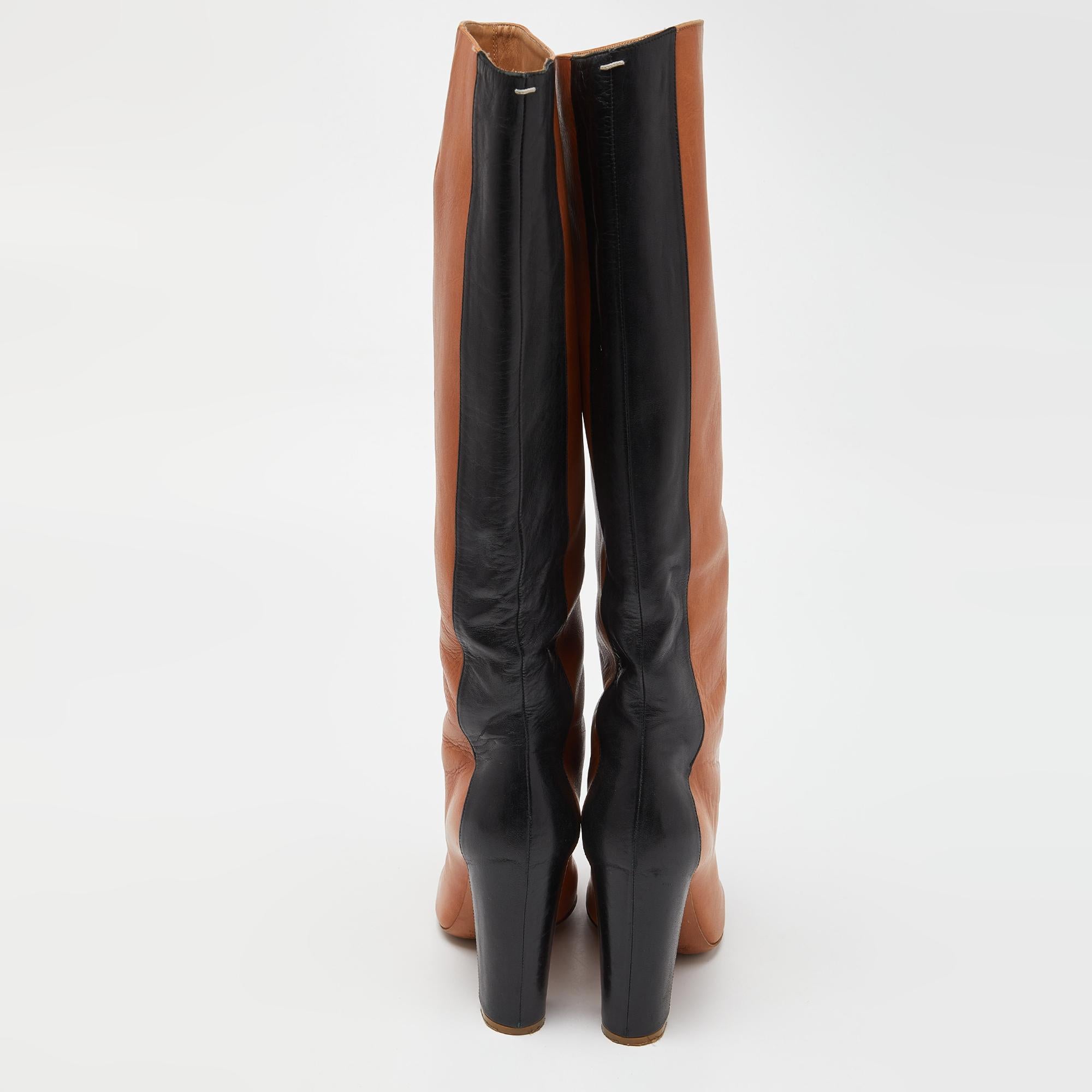 Maison Martin Margiela Brown/Black Leather Knee Length Block Heel Boots Size 40 1