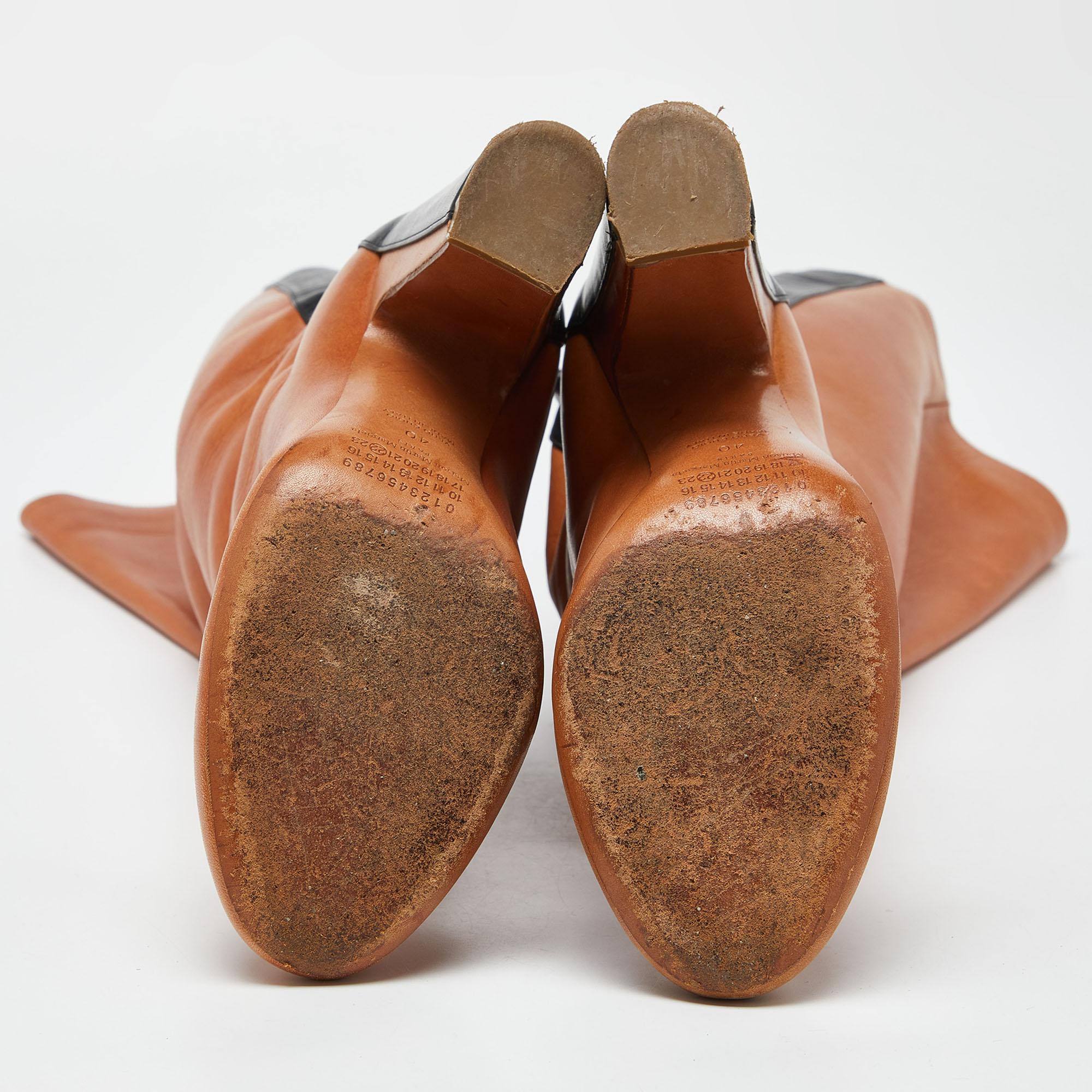 Maison Martin Margiela Brown/Black Leather Knee Length Block Heel Boots Size 40 2