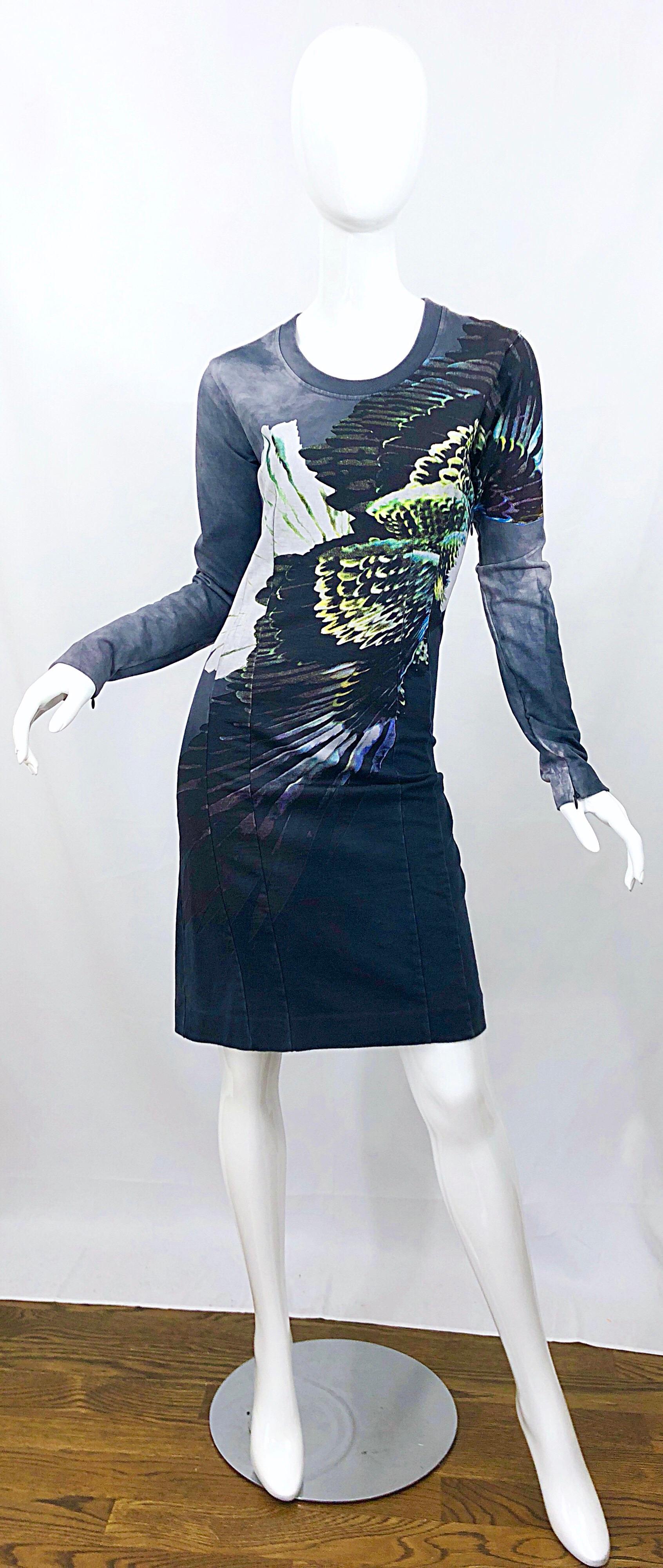 Amazing MAISON MARTIN MARGIELA eagle print long sleeve sweatshirt dress!!! Bald eagle print on the left side with vibrant colors of green, yellow, purple, blue, and white on a gray weathered sweatshirt cotton. Hidden zipper up the side and at each