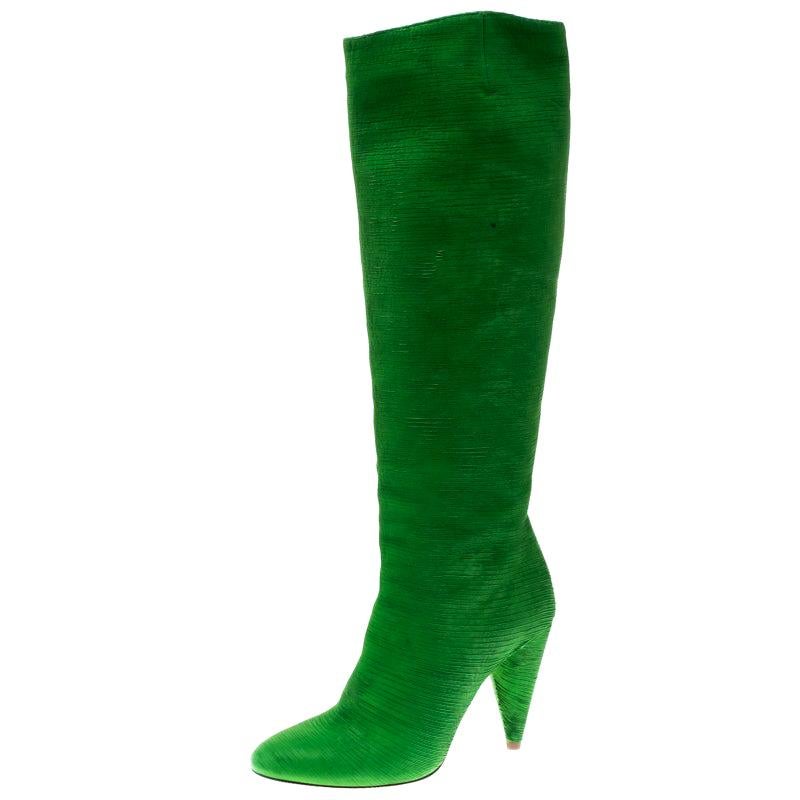 Maison Martin Margiela Green Textured Suede Knee Length Cone Heel Boots Size 38
