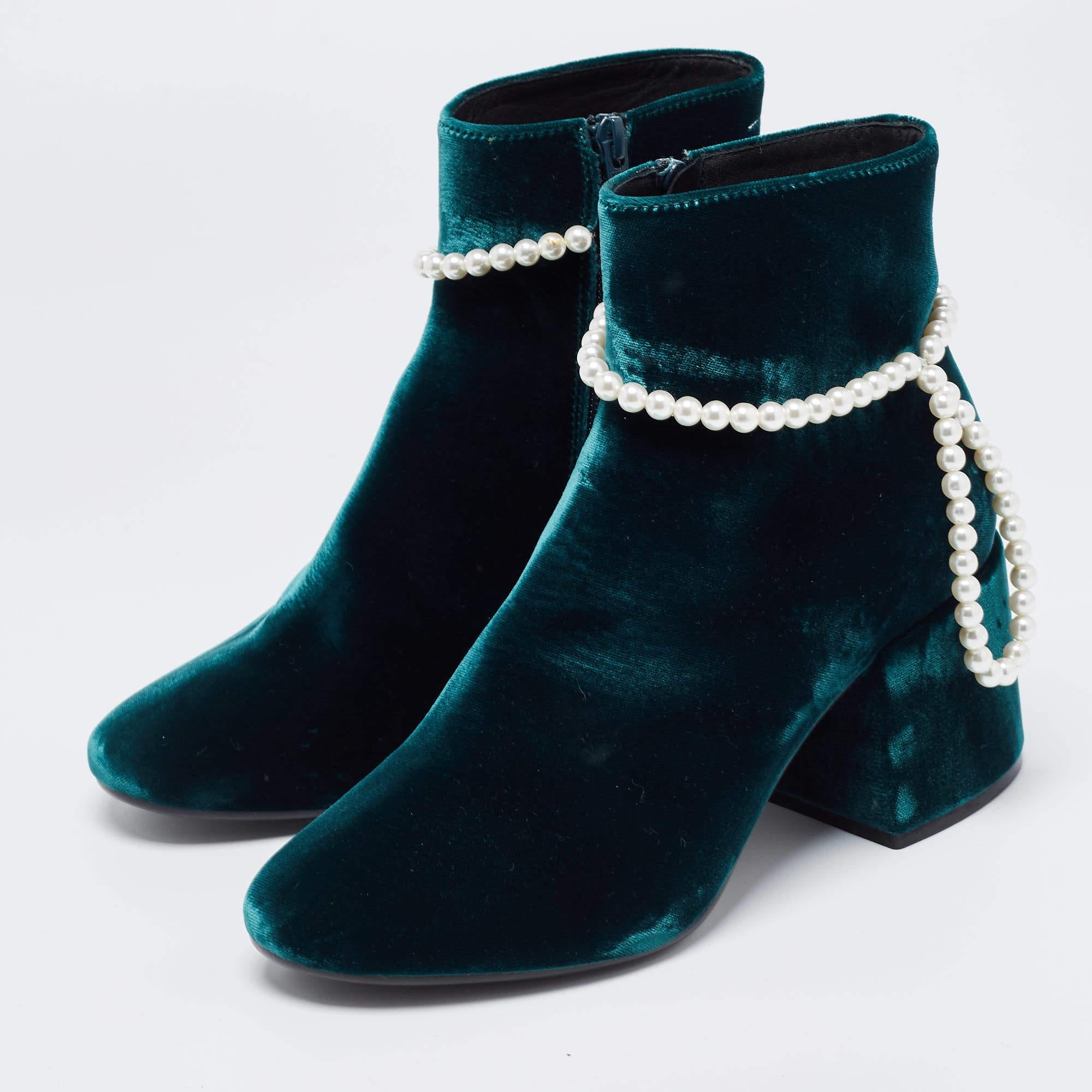 Black Maison Martin Margiela Green Velvet Embellished Ankle Boots Size 39