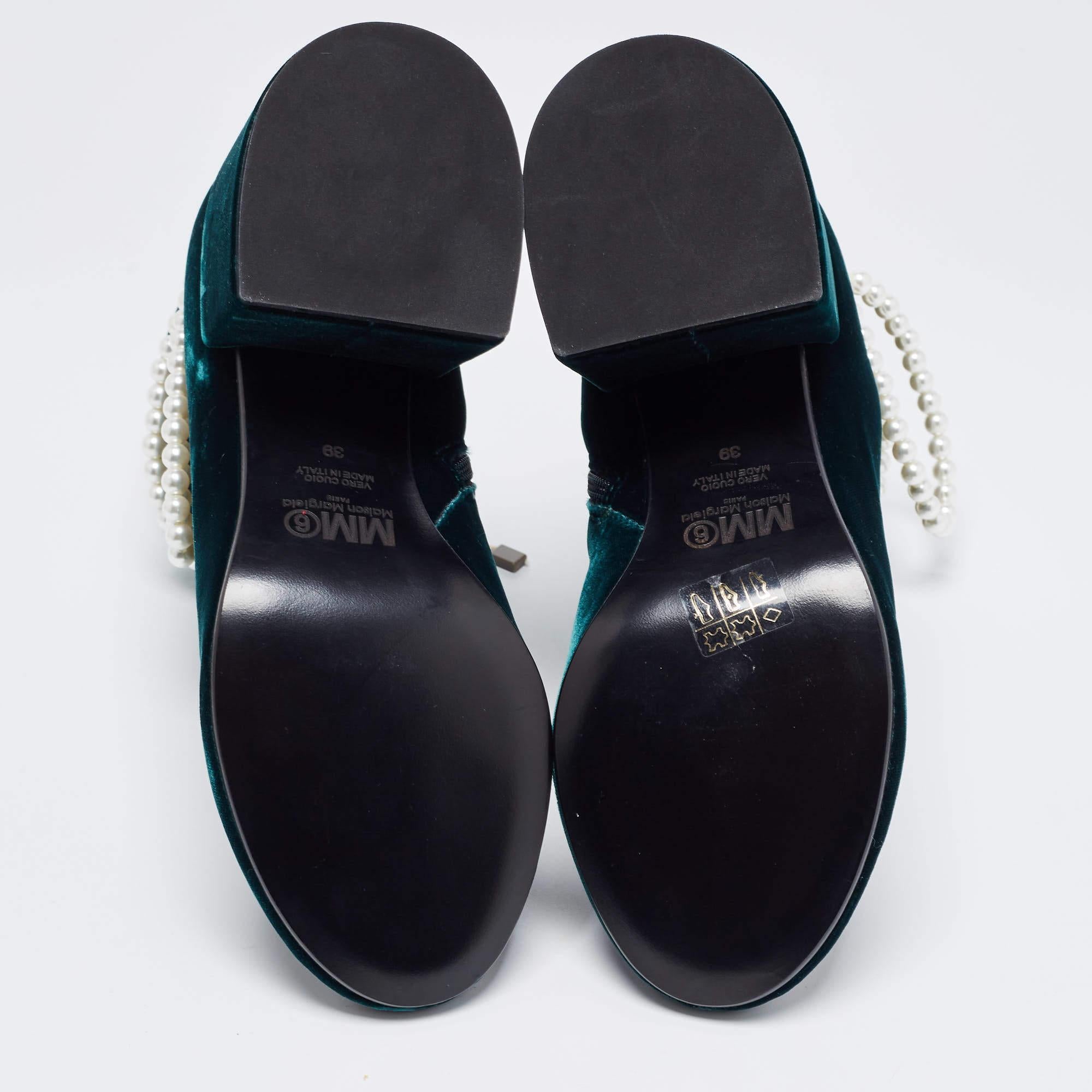 Black Maison Martin Margiela Green Velvet Embellished Ankle Boots Size 39
