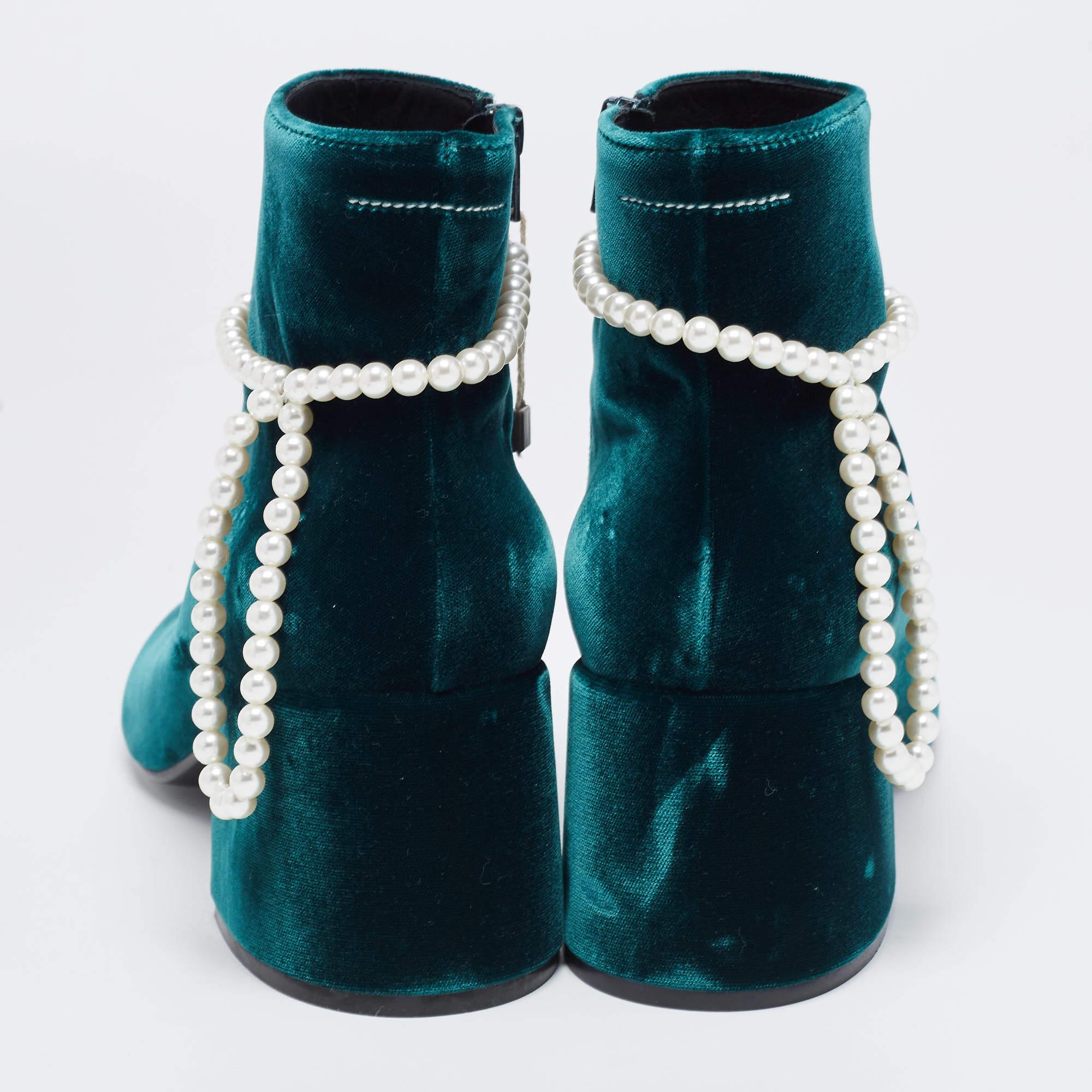 Maison Martin Margiela Green Velvet Embellished Ankle Boots Size 39 2