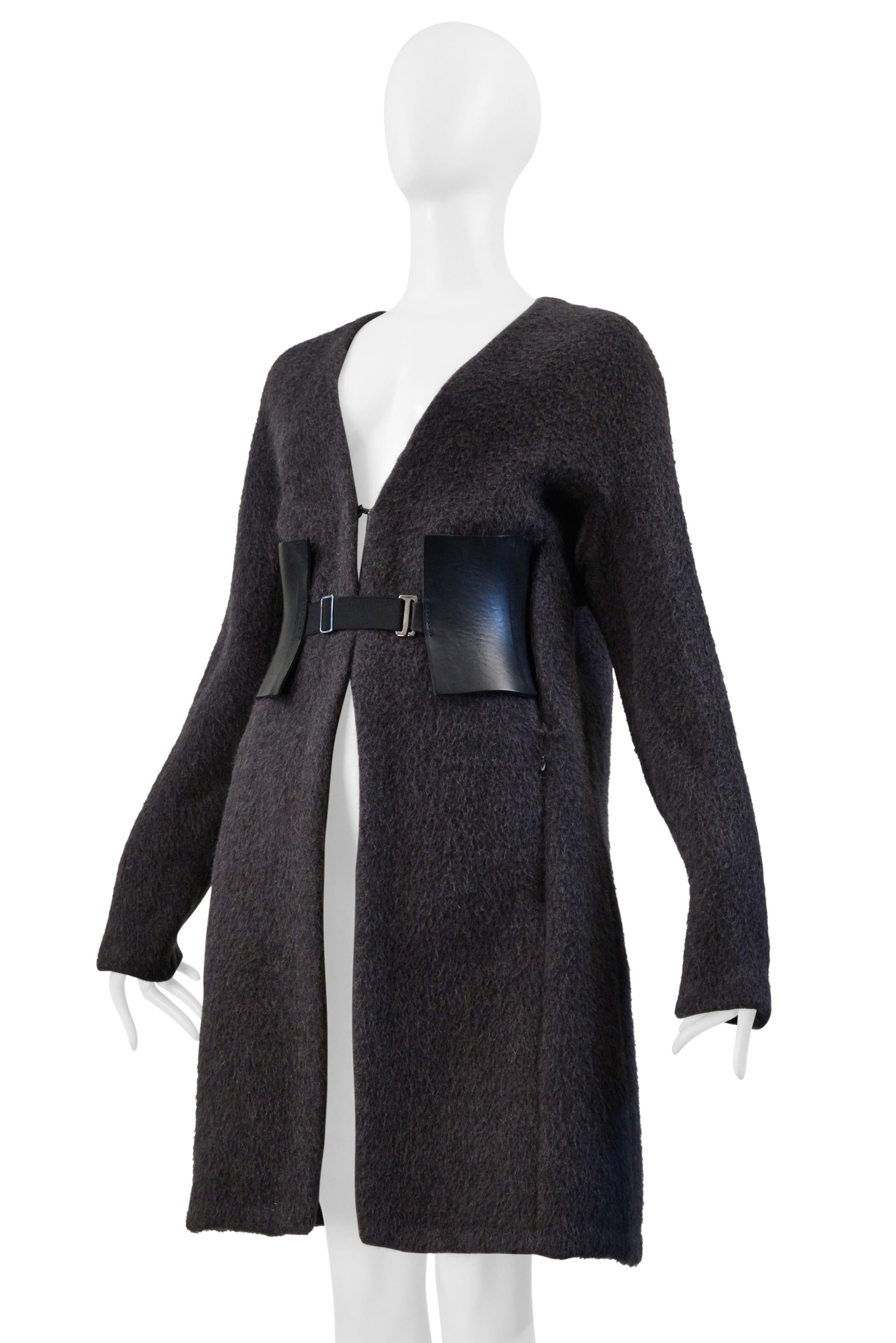 Black Maison Martin Margiela Grey Mohair Coat W/ Vertical Zippers & Leather Belt 2000 For Sale