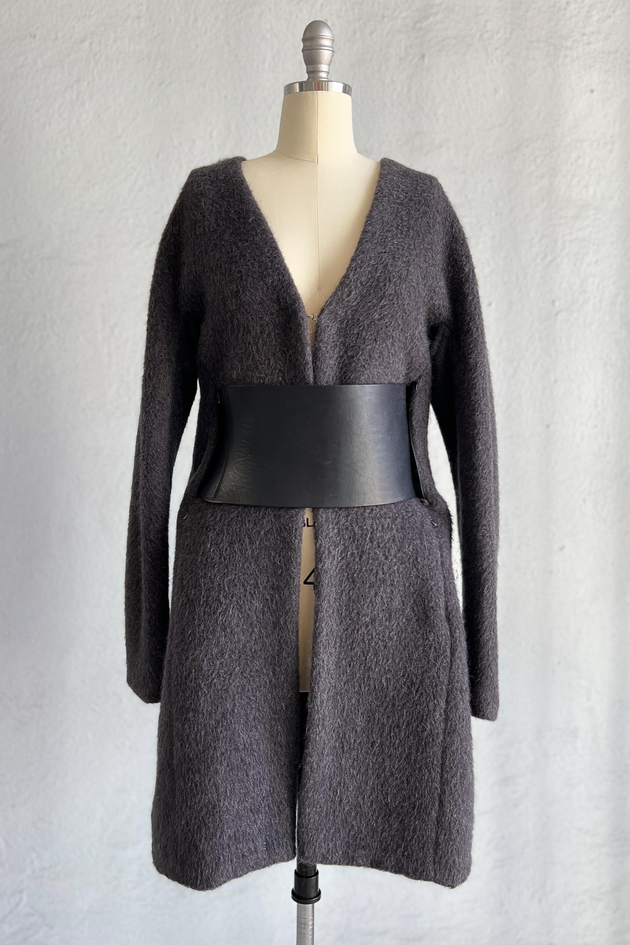 Women's Maison Martin Margiela Grey Mohair Coat W/ Vertical Zippers & Leather Belt 2000 For Sale