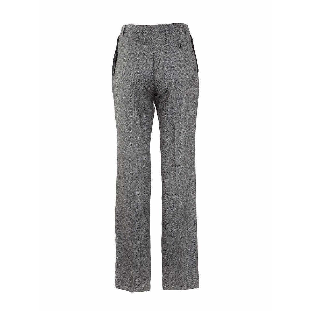 Grey twill straight-leg high-waisted trousers have a tab closure, belt loops, exposed seams, and side slit pockets. These wool pants come to you from the Maison Martin Margiela Iconic Collection. 