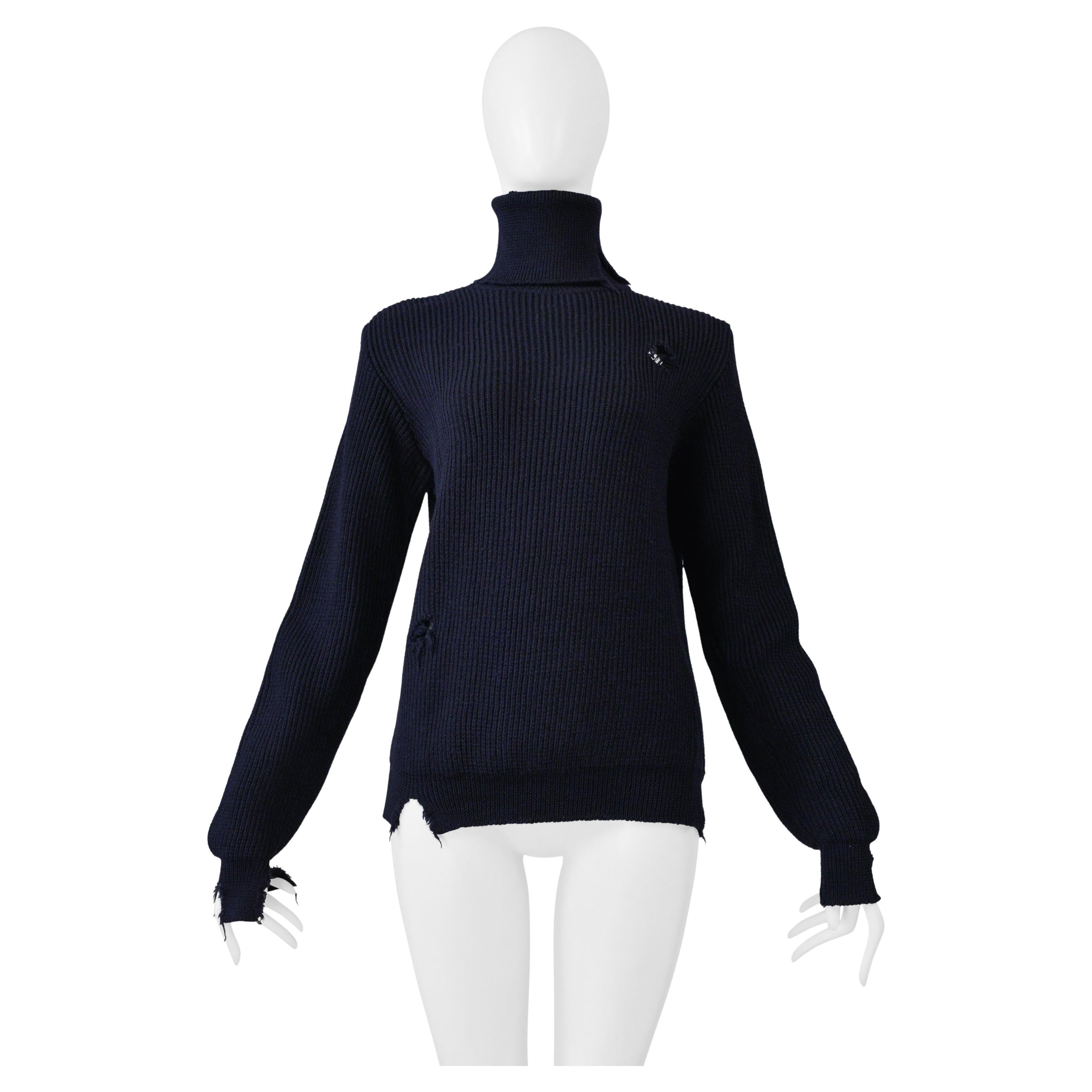 Maison Martin Margiela Navy Blue Distressed High Neck Pullover Sweater 2000 For Sale