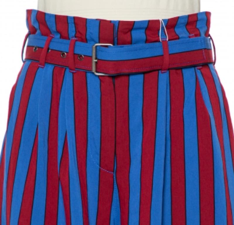 Maison Martin Margiela Red & Blue Striped Synthetic Belted Palazzo Pants M In Good Condition For Sale In Dubai, Al Qouz 2