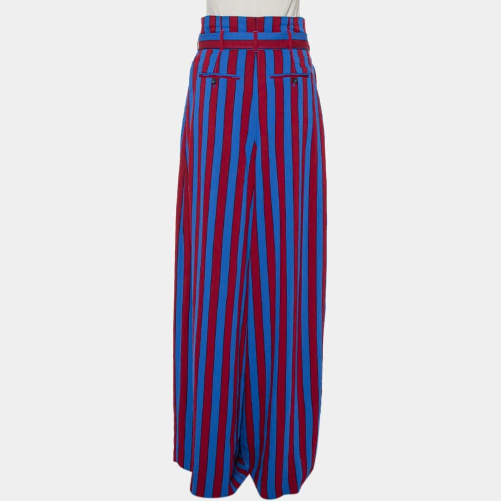 Maison Martin Margiela Red & Blue Striped Synthetic Belted Palazzo Pants M In New Condition For Sale In Dubai, Al Qouz 2