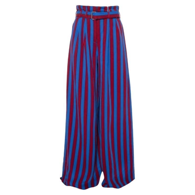Maison Martin Margiela Red & Blue Striped Synthetic Belted Palazzo Pants M For Sale