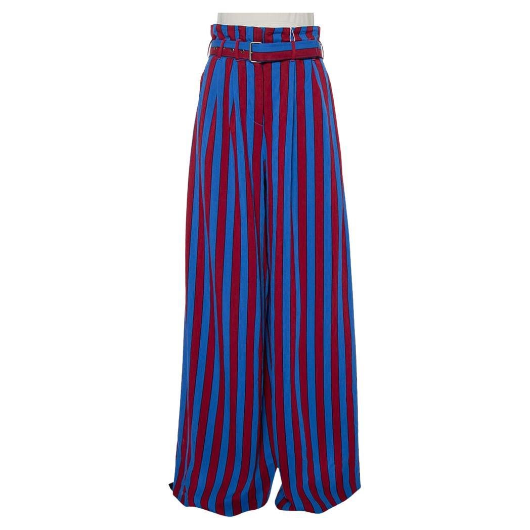 Maison Martin Margiela Red & Blue Striped Synthetic Belted Palazzo Pants M For Sale