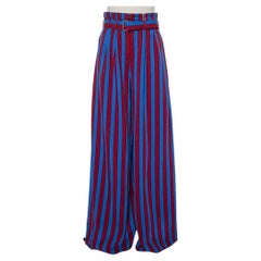 Maison Martin Margiela Red & Blue Striped Synthetic Belted Palazzo Pants M
