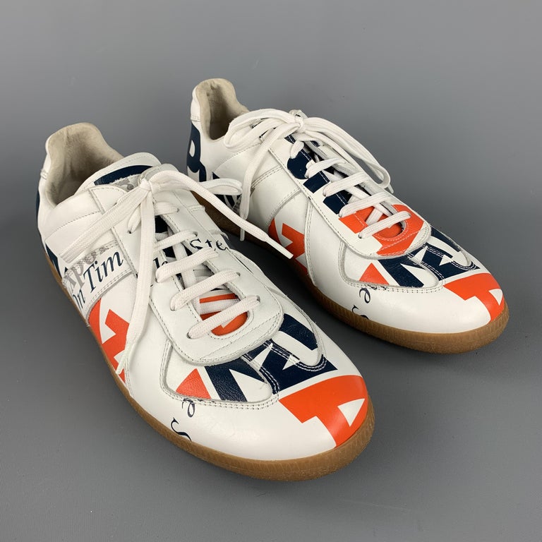 MAISON MARTIN MARGIELA REPLICA Size 11 White Print Leather Lace Up Sneakers at 1stDibs