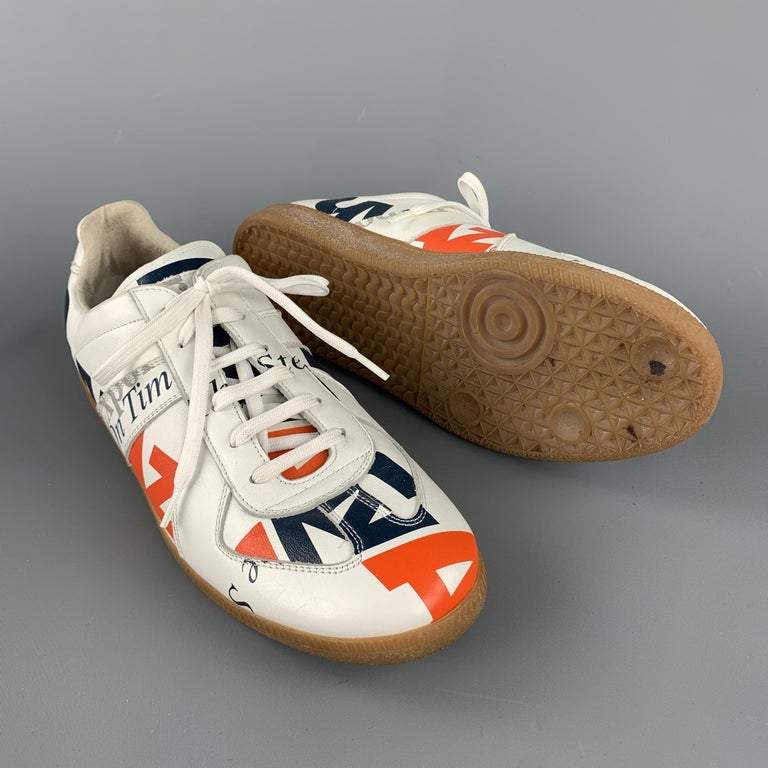 MAISON MARTIN MARGIELA REPLICA Size 11 White Print Leather Lace Up Sneakers at 1stDibs