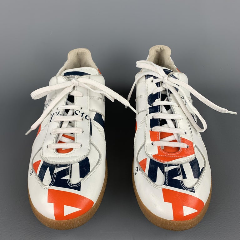 MAISON MARTIN MARGIELA REPLICA Size 11 White Print Leather Lace Up Sneakers at 1stDibs