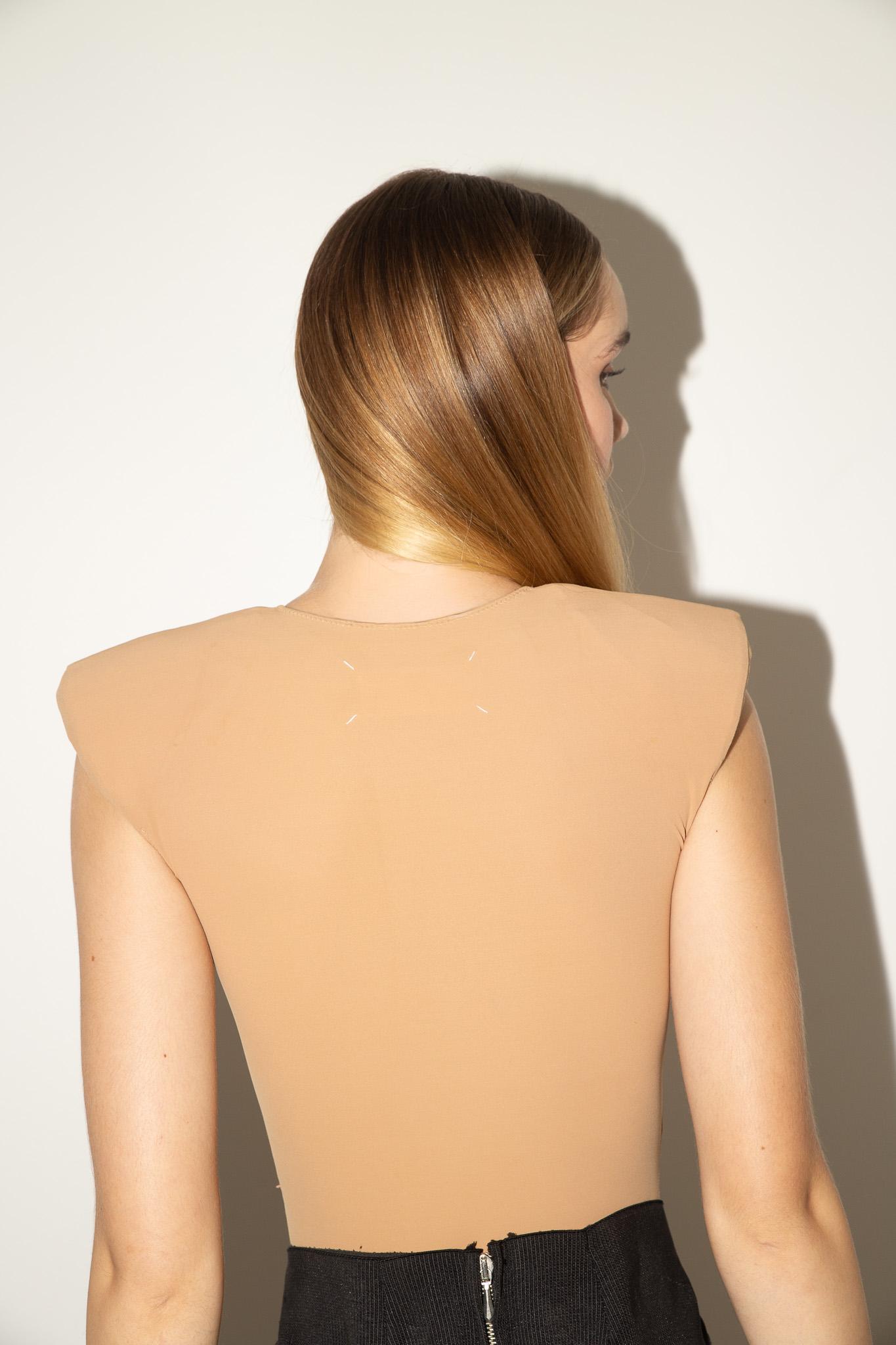 Orange Maison Martin Margiela S/S 2007 Runway Padded Shoulder Nude Bodysuit For Sale