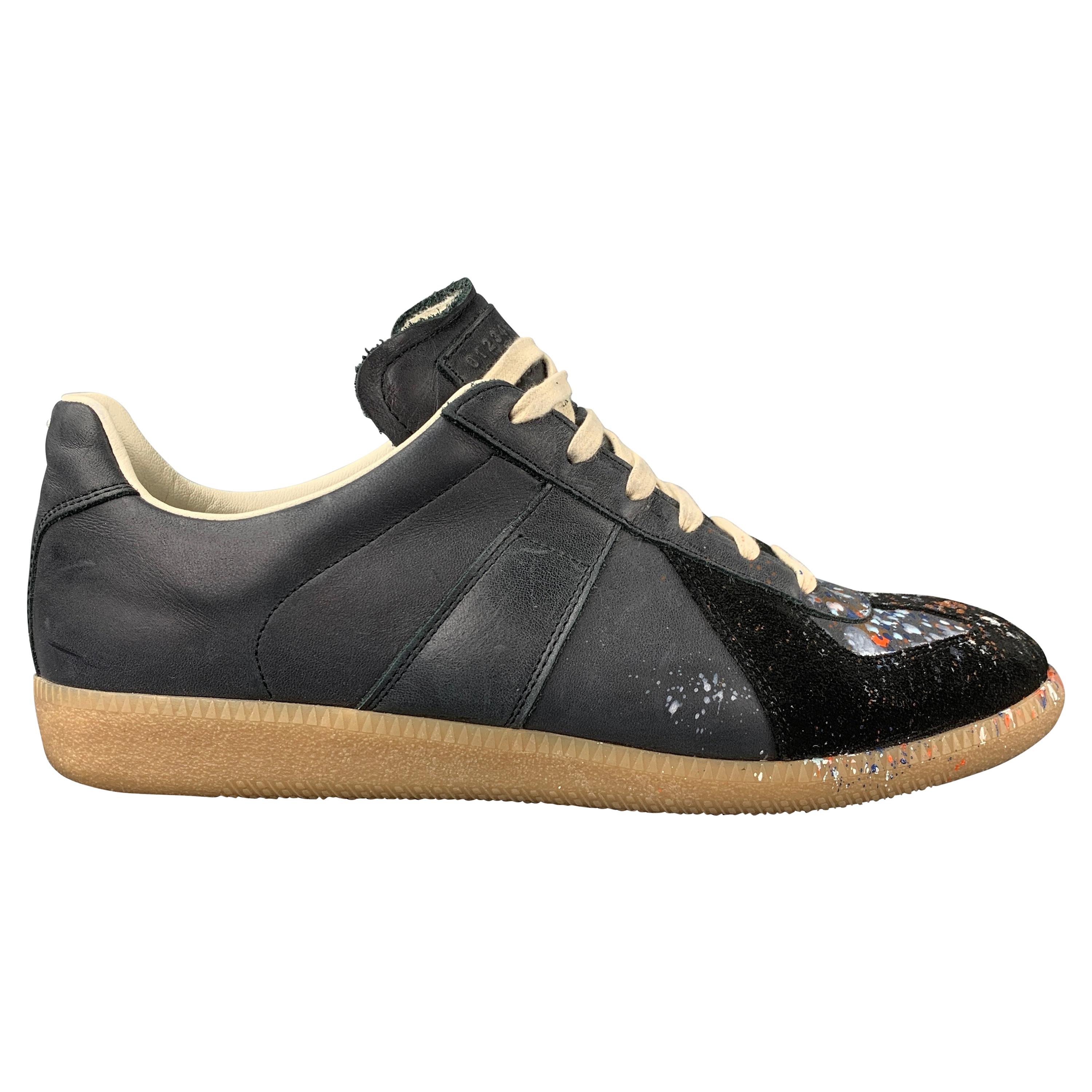 MAISON MARTIN MARGIELA Size 10.5 Grey & Black Paint Splatter Leather Sneakers