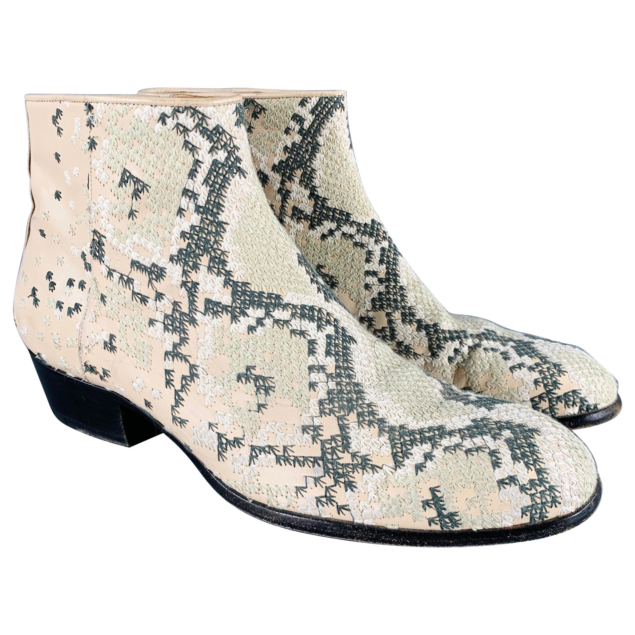 MAISON MARTIN MARGIELA Size 12 Beige Green Embroidery Side Zipper Boots