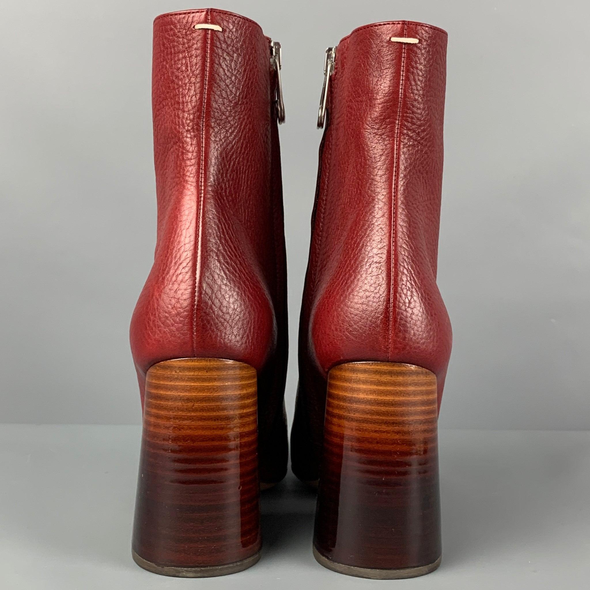 MAISON MARTIN MARGIELA Size 6 Red Leather Pebble Grain Chunky heel Boots In Excellent Condition In San Francisco, CA