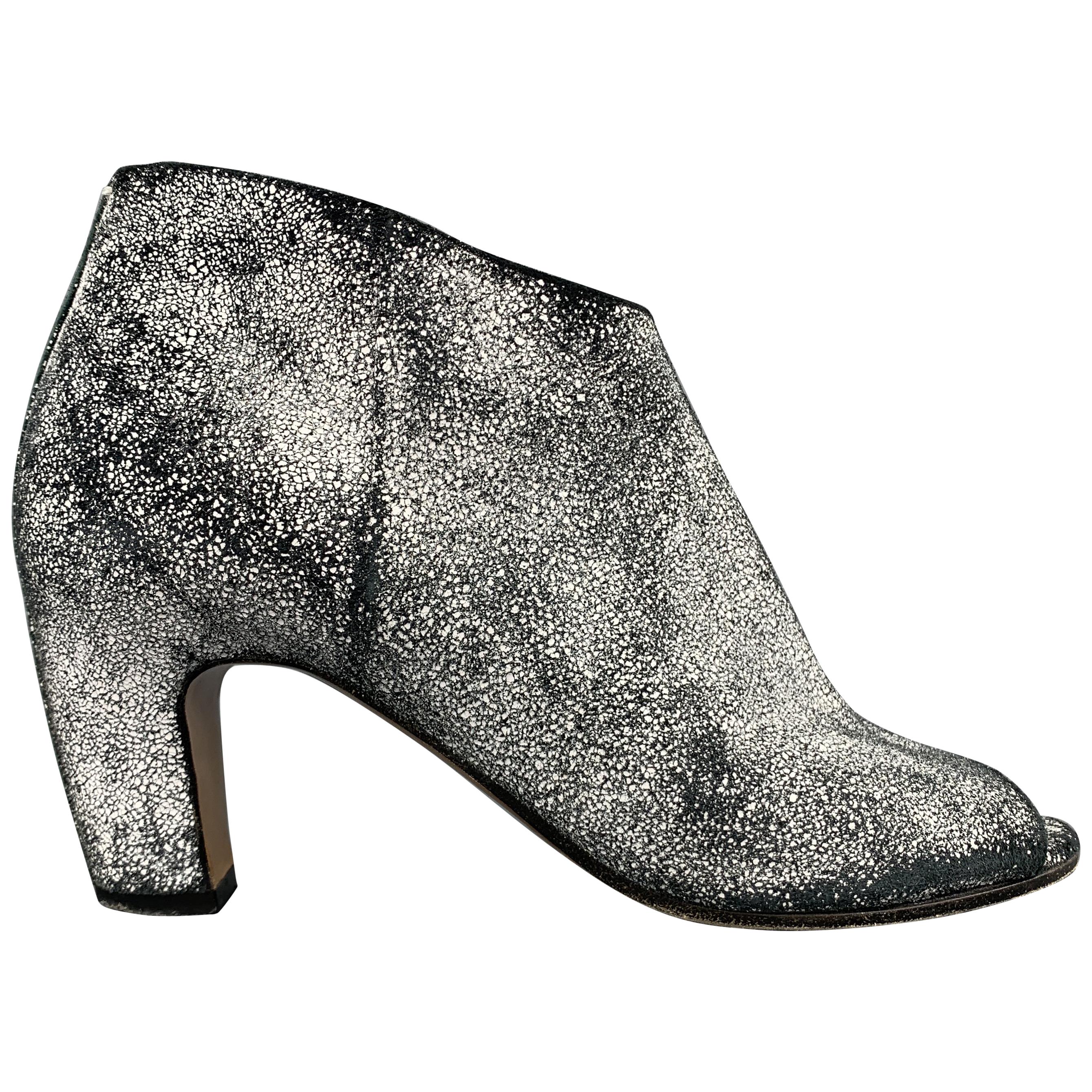MAISON MARTIN MARGIELA Size 7 Black 
White Painted Crackle Suede Peep Toe Boots