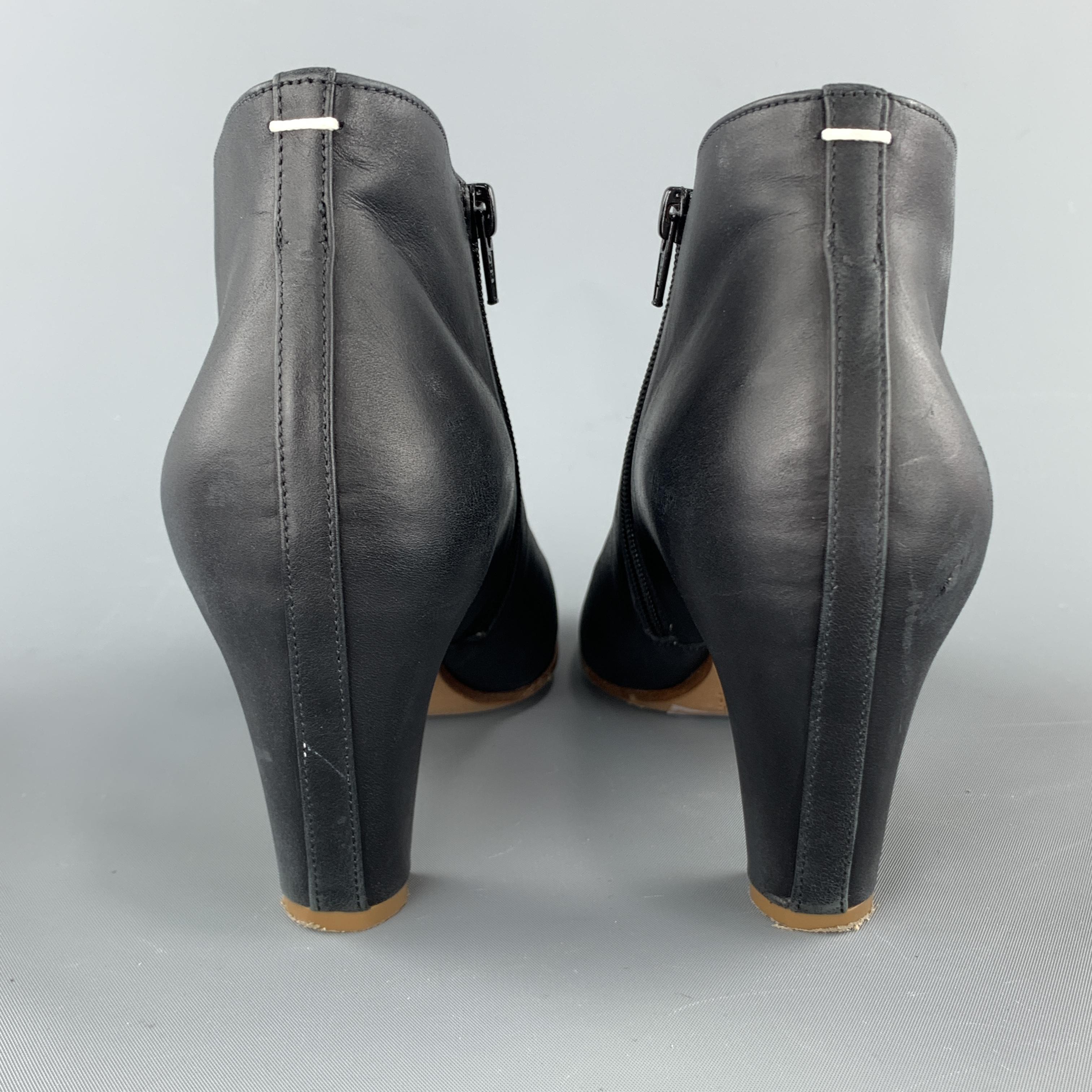 MAISON MARTIN MARGIELA Size 7.5 Navy Leather Peep Toe Ankle Boots In Good Condition In San Francisco, CA