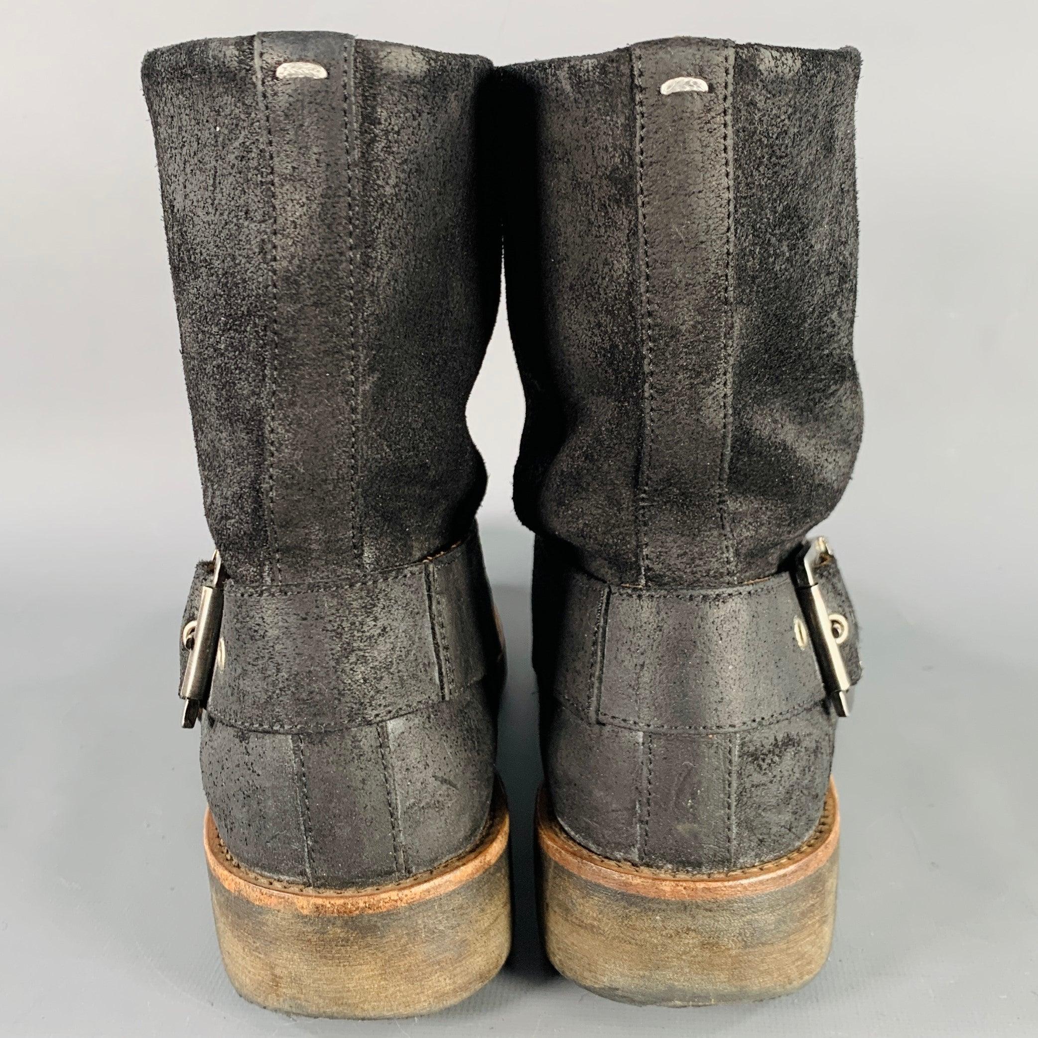 MAISON MARTIN MARGIELA Size 8 Black Distressed Roughout Leather Buckle Ankle Boots In Good Condition For Sale In San Francisco, CA