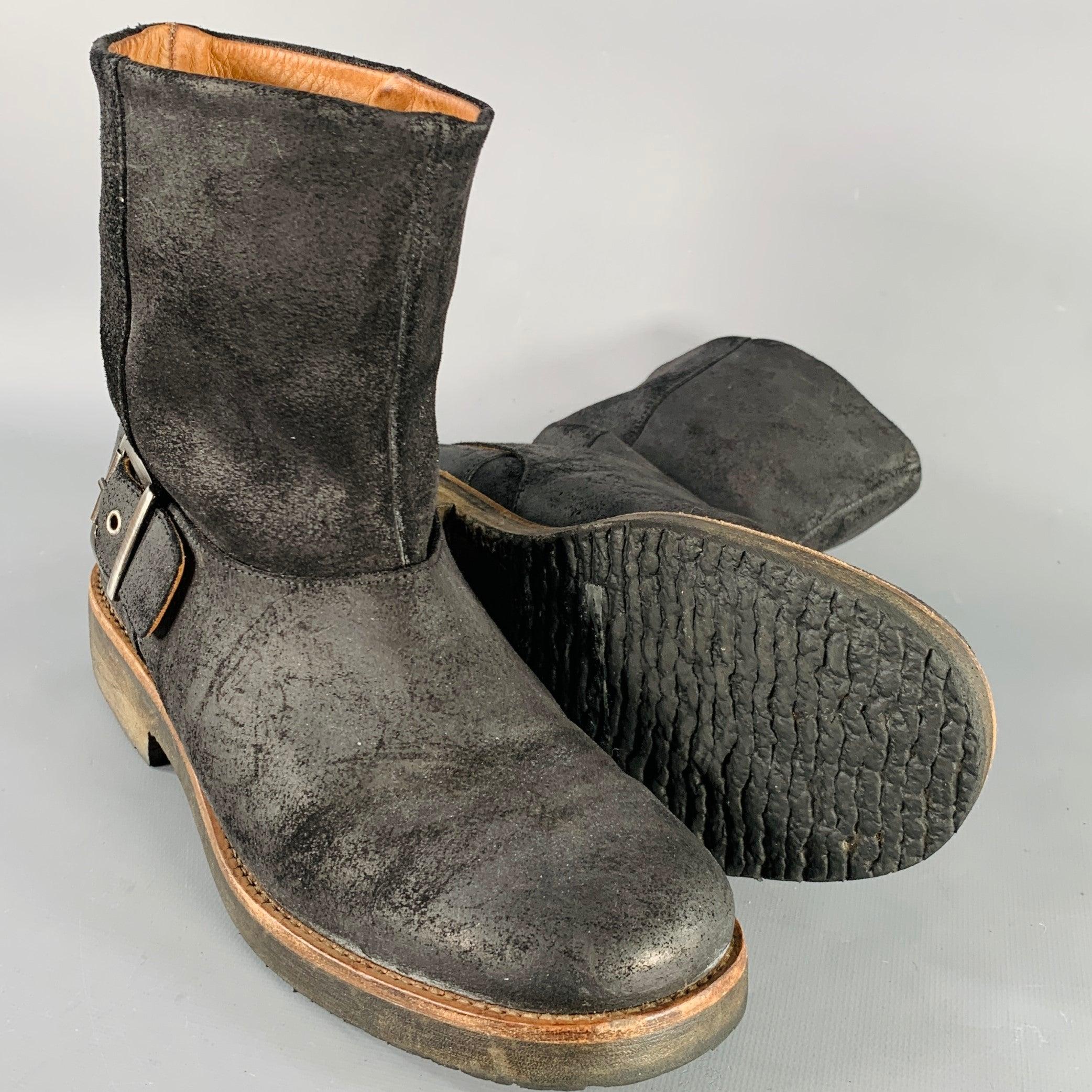 MAISON MARTIN MARGIELA Size 8 Black Distressed Roughout Leather Buckle Ankle Boots For Sale 1