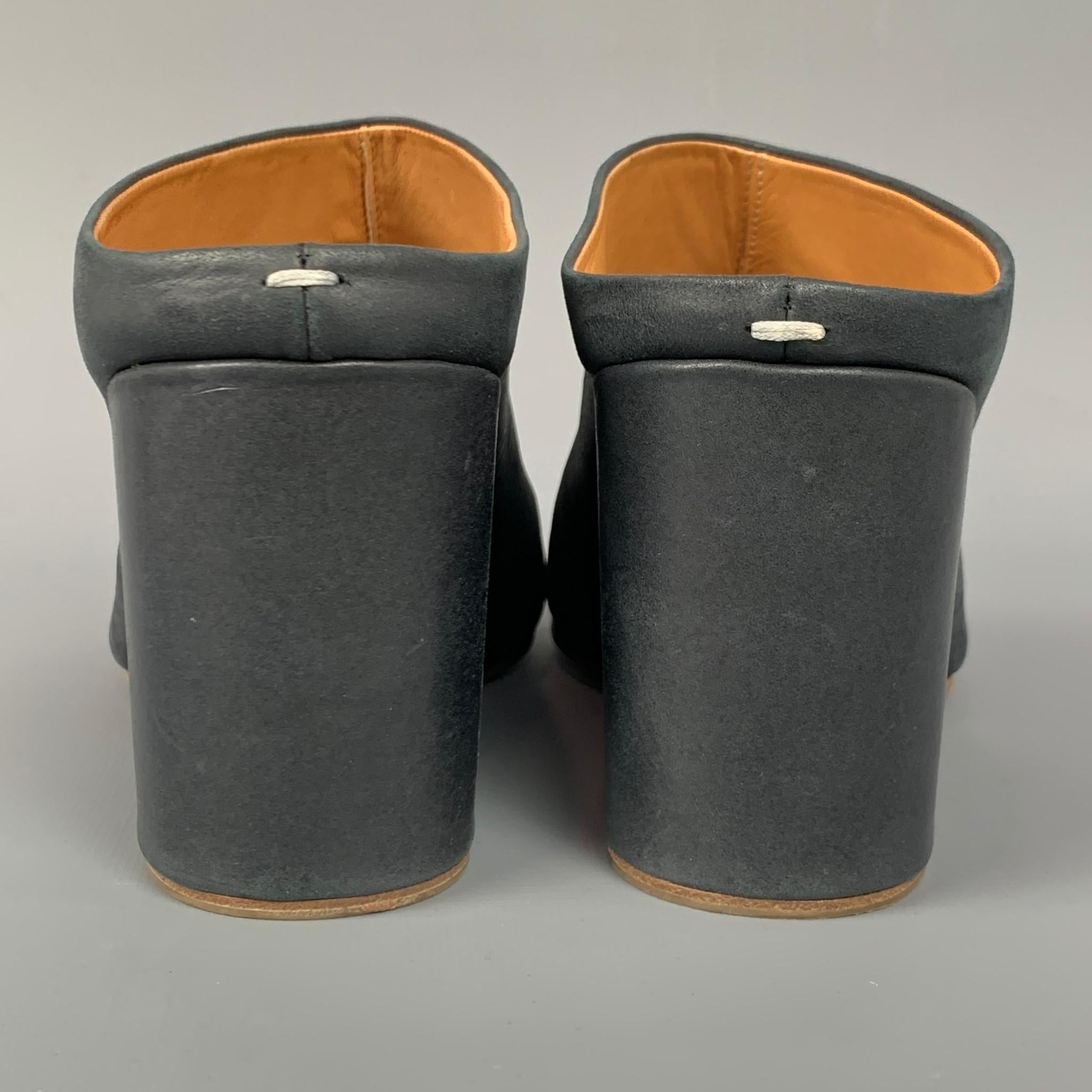 Black MAISON MARTIN MARGIELA Size 8 Charcoal Leather Tabi Wedge Slippers
