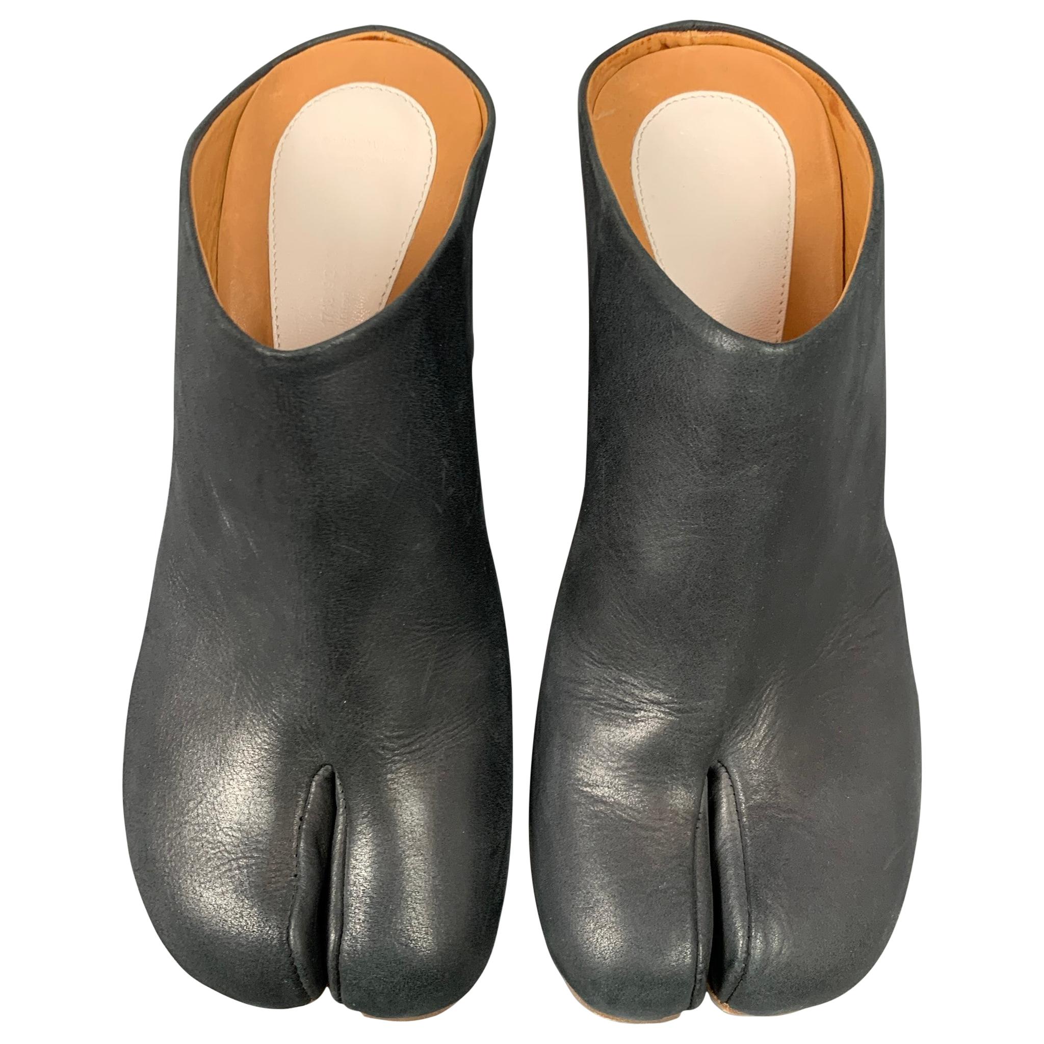 MAISON MARTIN MARGIELA Size 8 Charcoal Leather Tabi Wedge Slippers at ...