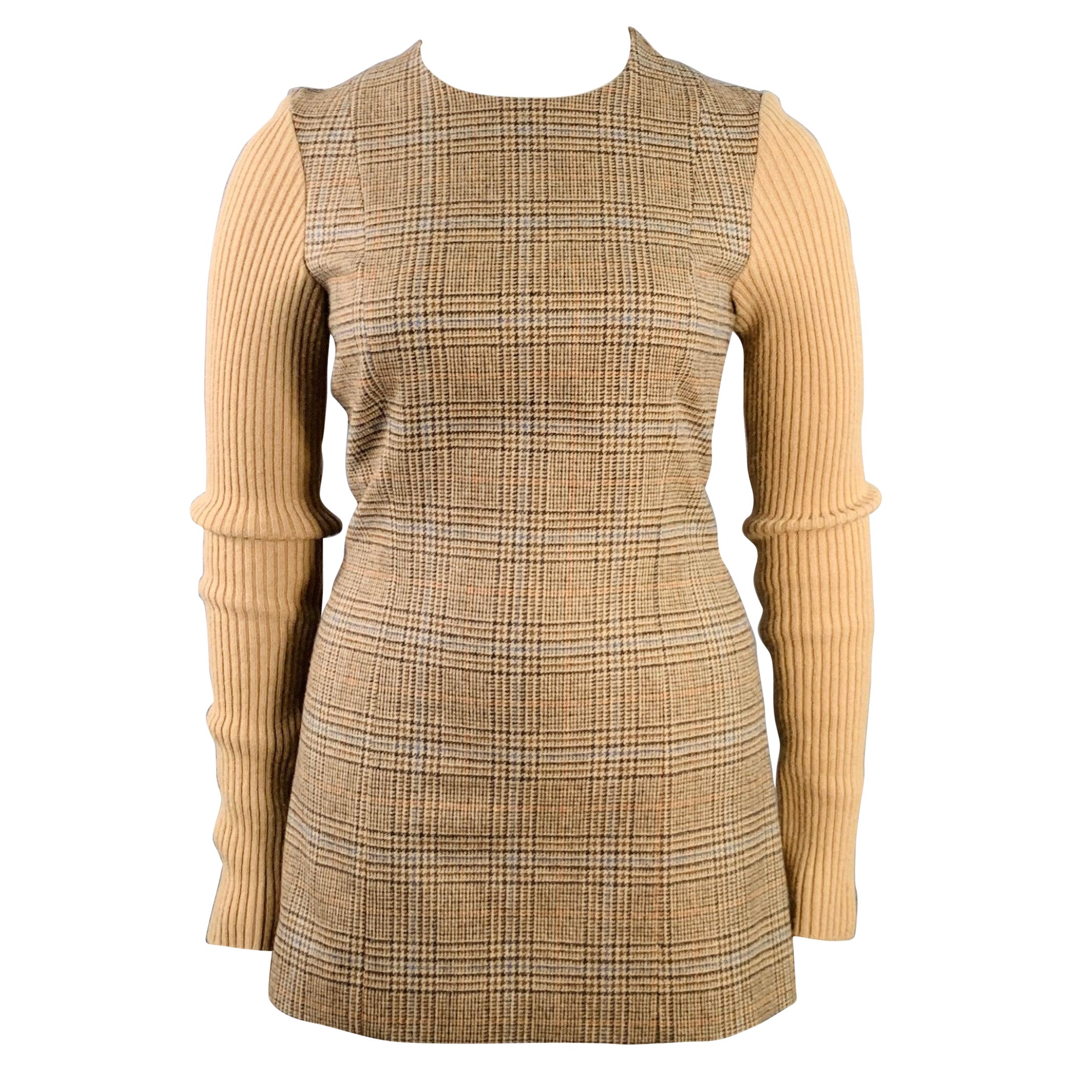 MAISON MARTIN MARGIELA Size L Camel Wool Houndstooth Long Sleeve Mini Dress For Sale