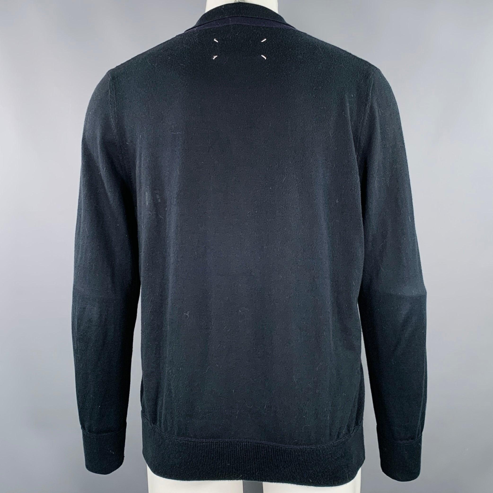 MAISON MARTIN MARGIELA Size M Black Cotton Shawl Collar V-Neck Cardigan In Excellent Condition For Sale In San Francisco, CA
