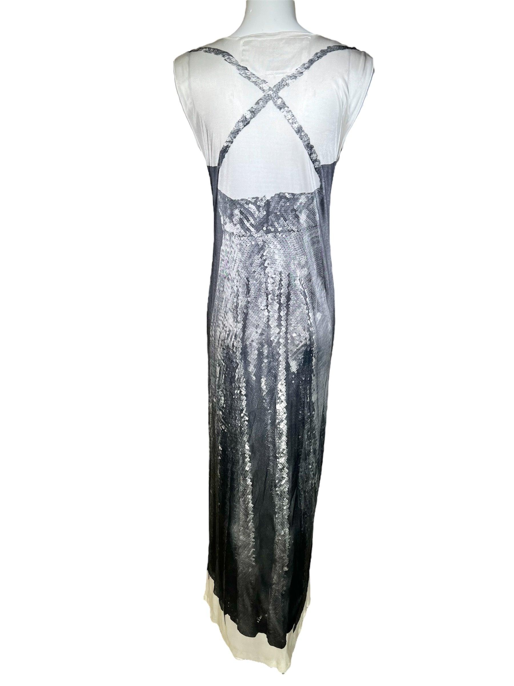 Maison Margiela collaboration with H&M. This is a re-edition of Margiela's original Trompe L'oeil 1996 Printed Sequin Dress. Soft and cool viscose tunic dress with a photo print of a gorgeous silver sequin gown. Meant to be avant-garde and thought