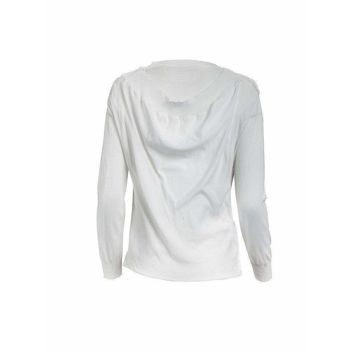 White cotton knit sweater, with a ribbed V-neck beneath a wide ribbed scoop neck that extends to the back and becomes a hoodie. This delight comes from the Maison Martin Margiela Iconic Artisanal Collection.