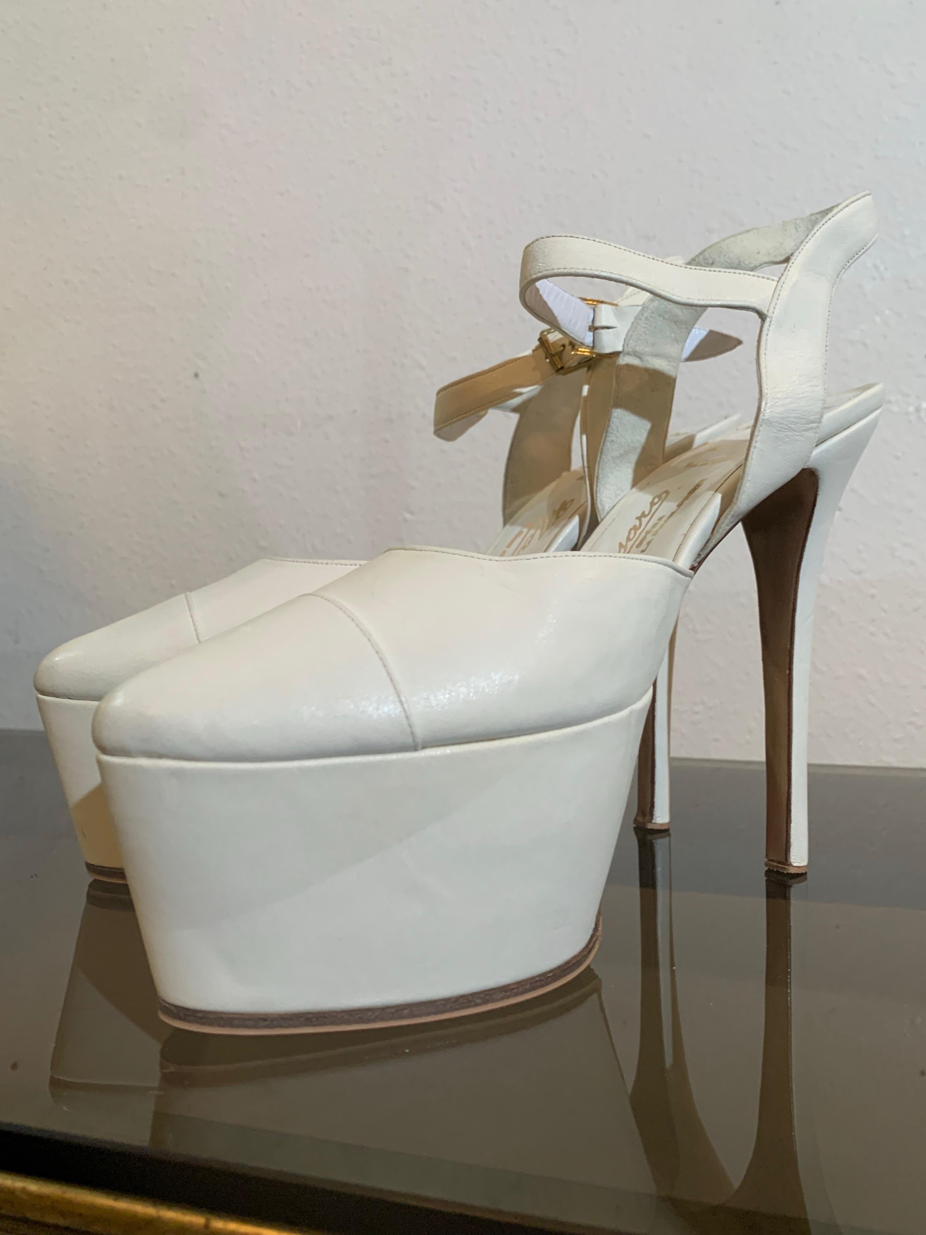 Maison Massaro - Paris Custom-Made Pure White Leather Platform Shoes In New Condition For Sale In Gresham, OR
