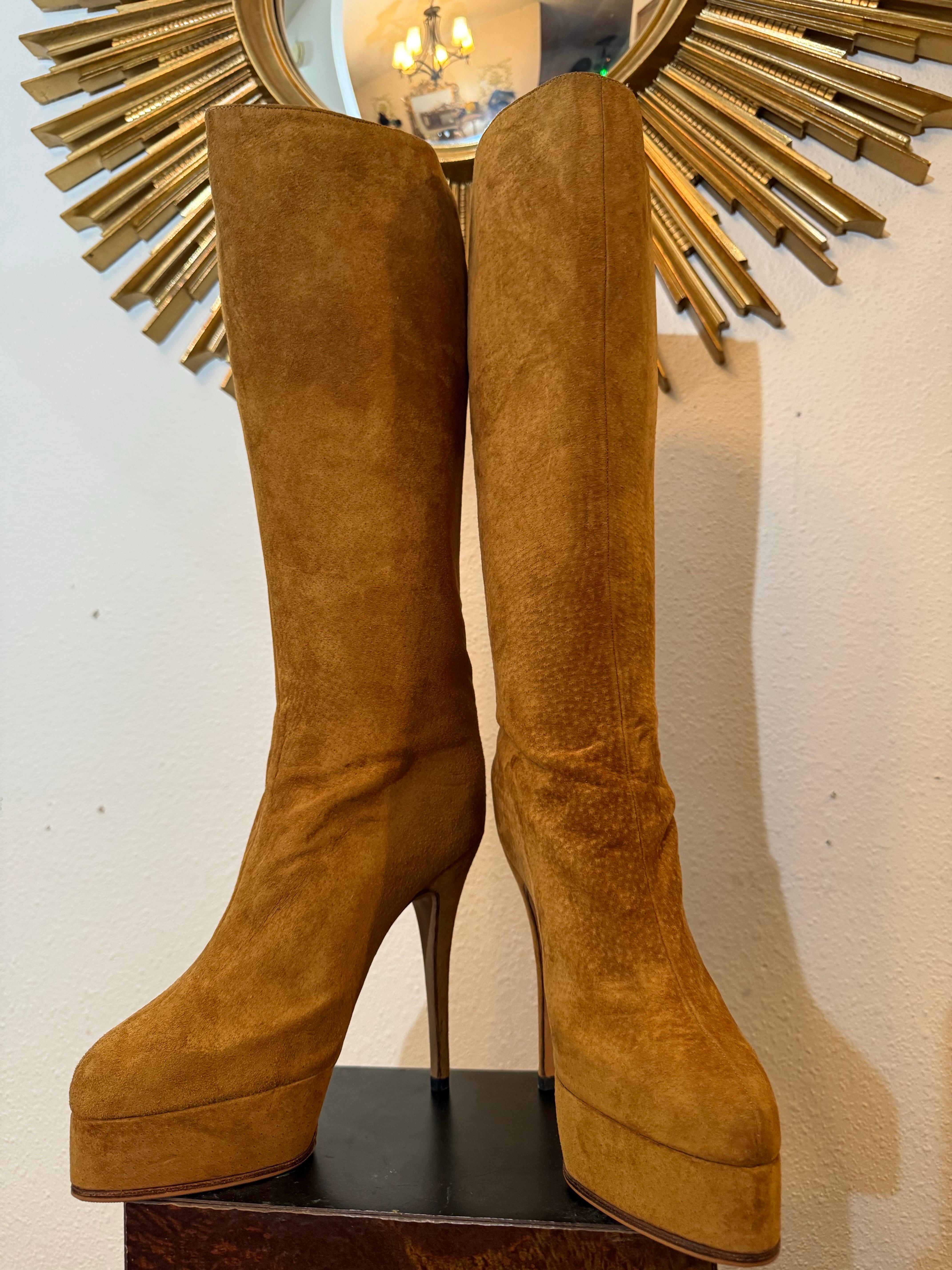 Maison Massaro - Paris Custom-Made Tobacco Suede Couture Platform Boots:  Bespoke Fall/Winter suede leather in a beautifully soft tobacco pig suede with a 1.5 inch platform at front rising to a 5 inch stiletto heel. Almond-shaped toe box and fitted