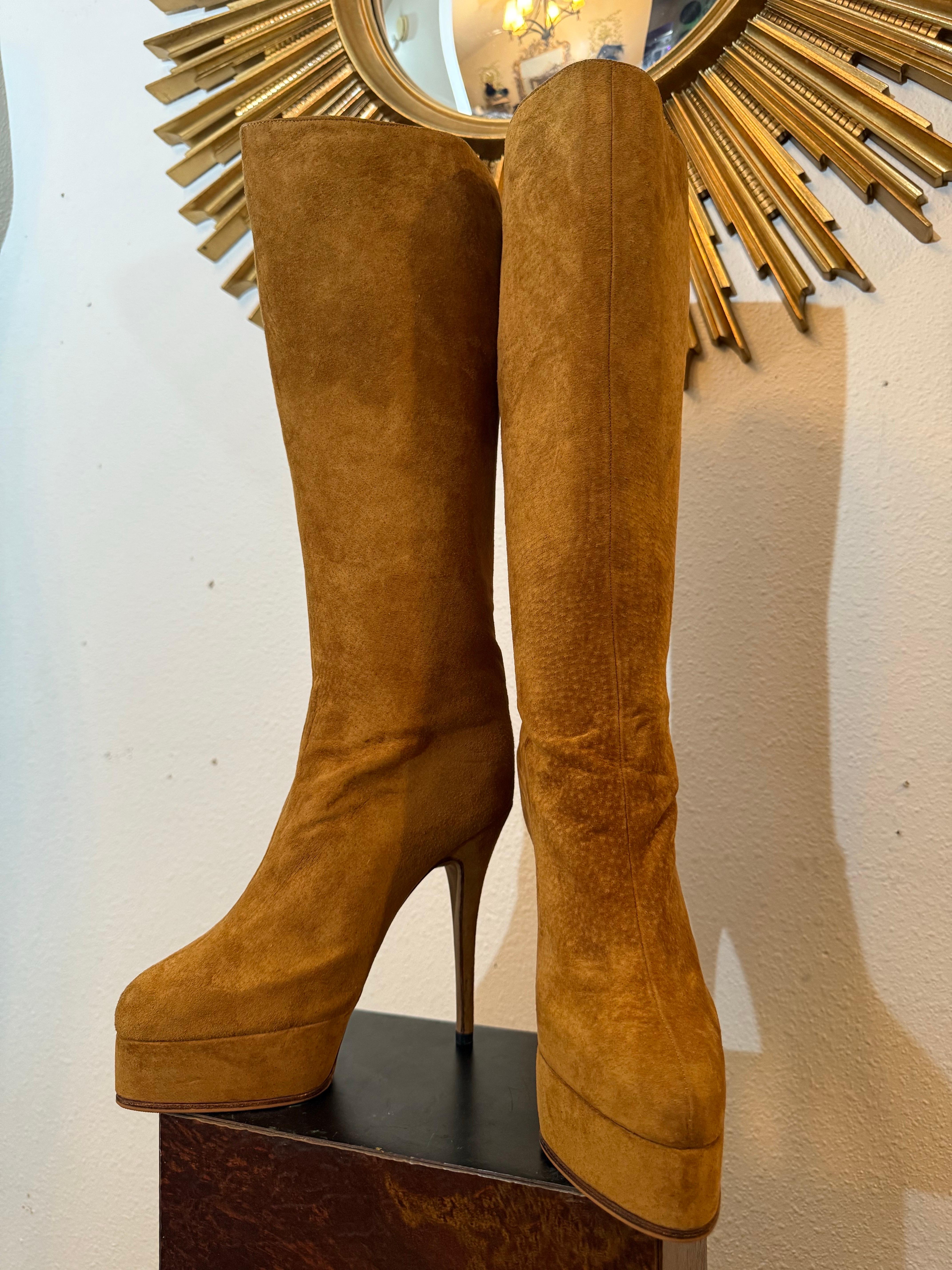 Brown Maison Massaro - Paris Custom-Made Tobacco Suede Couture Platform Boots For Sale