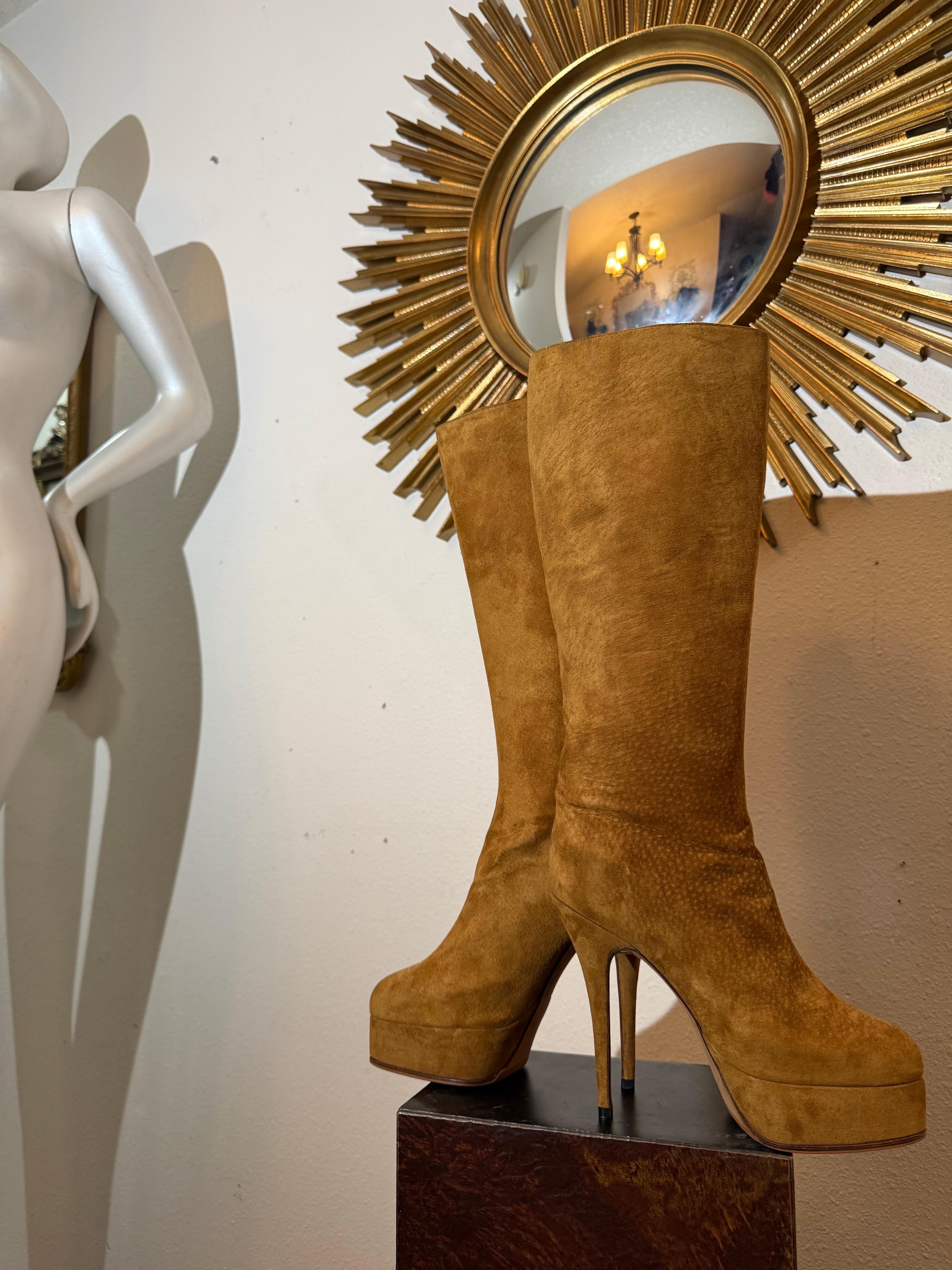 Maison Massaro - Paris Custom-Made Tobacco Suede Couture Platform Boots For Sale 3