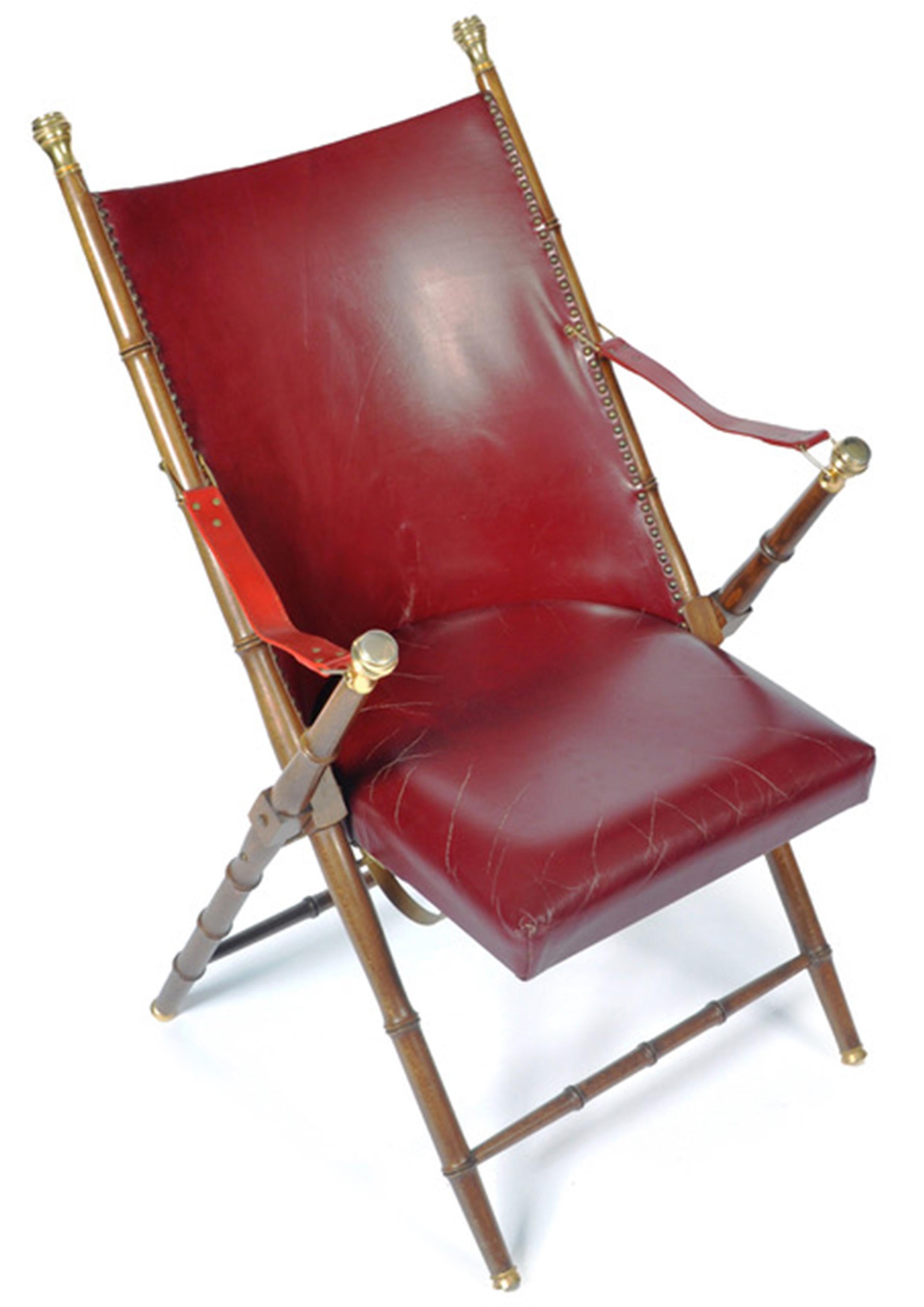 Maison Jansen Faux Bamboo Folding Campaign Chair Finished With Brass Studs & Red Leather Cushioned Seat And Brass Mounts 1950's
