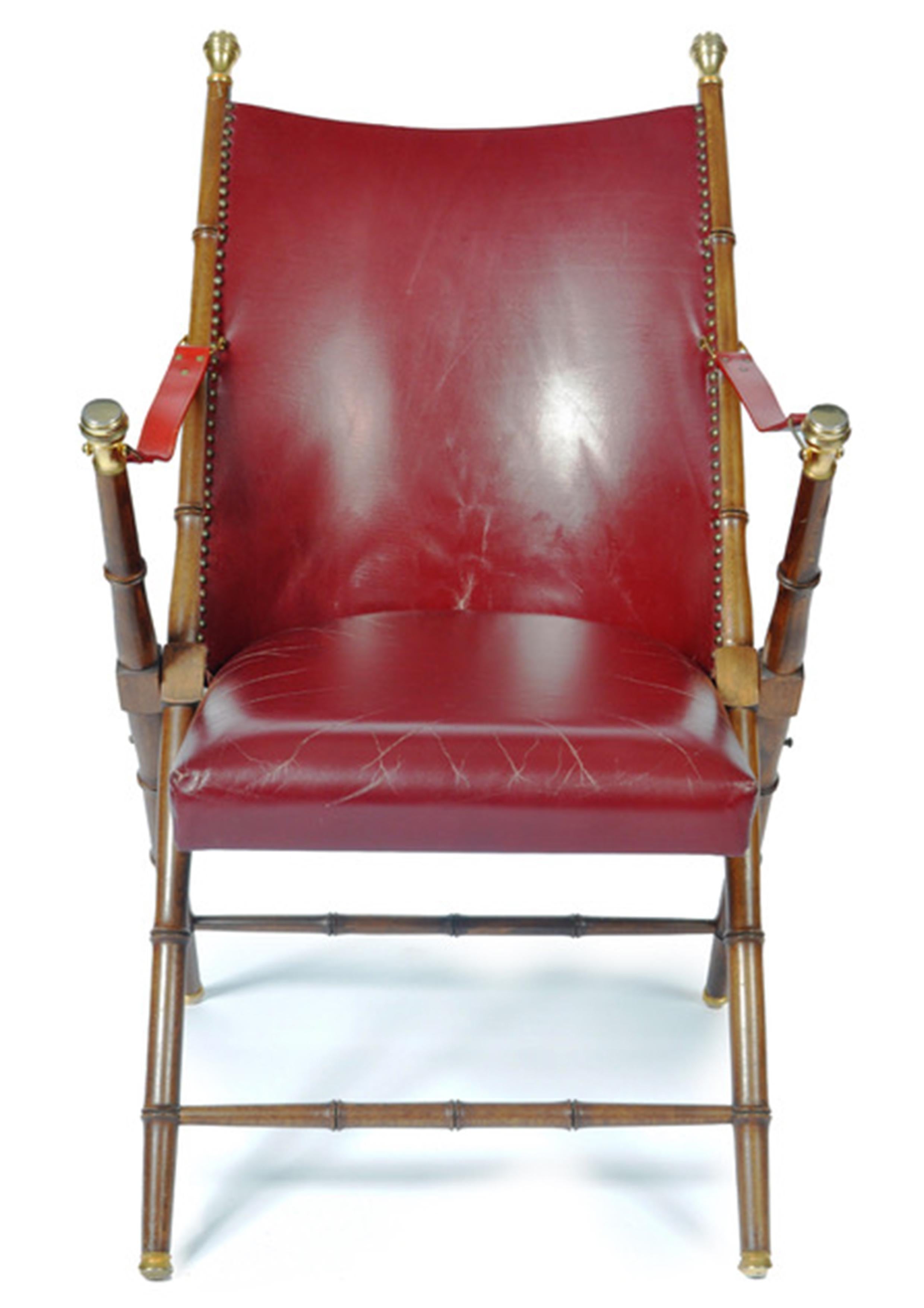 British Faux Bamboo Leather & Brass Folding Campaign Chair with Sling Arms Maison Jansen For Sale