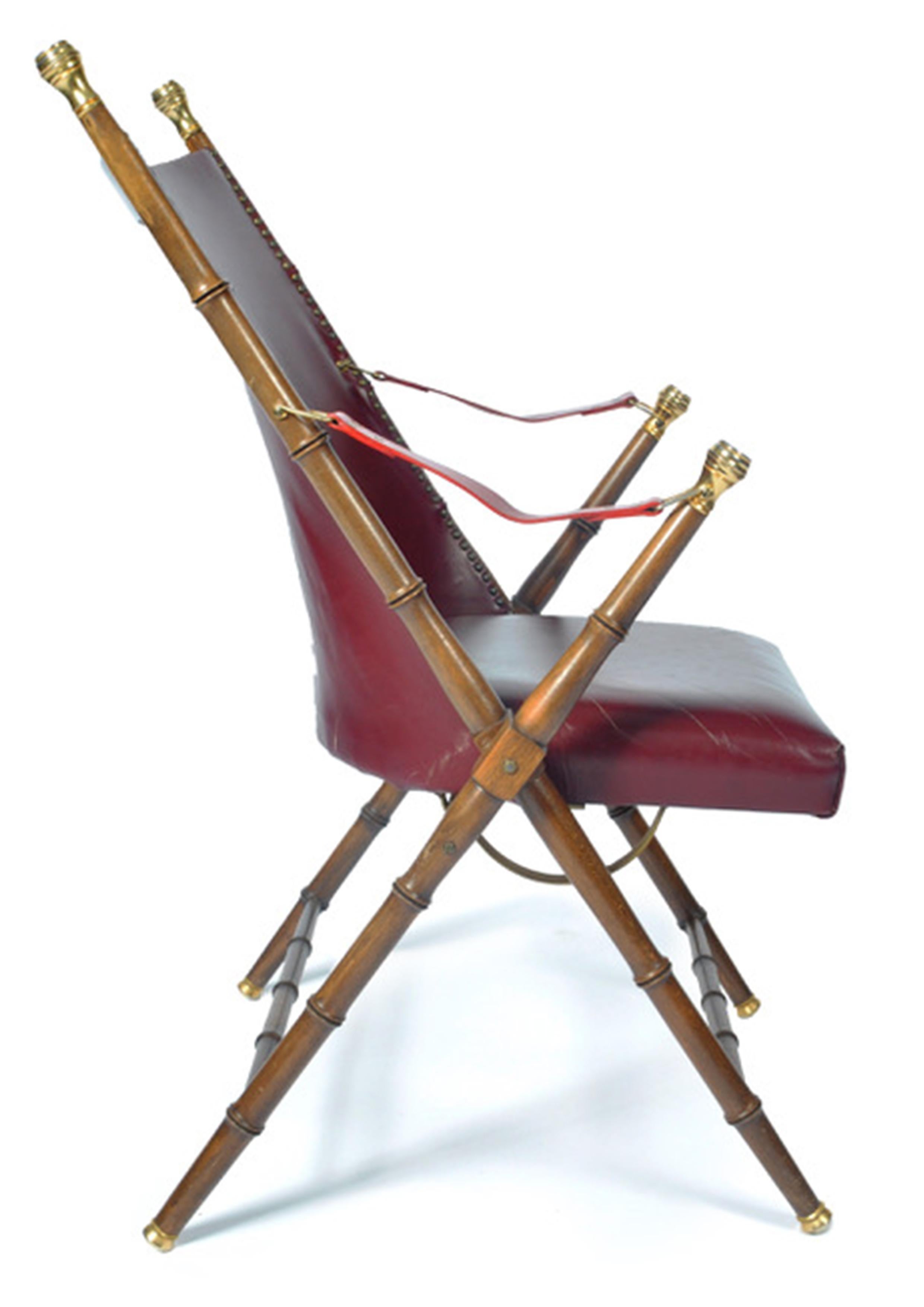 Faux Bamboo Leather & Brass Folding Campaign Chair with Sling Arms Maison Jansen In Good Condition For Sale In High Wycombe, GB