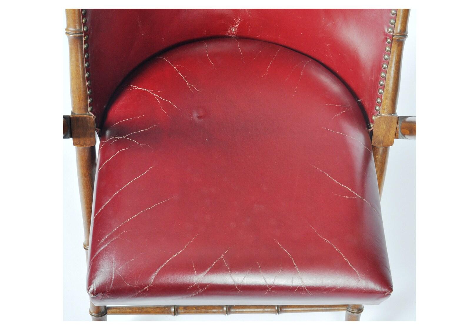 20th Century Faux Bamboo Leather & Brass Folding Campaign Chair with Sling Arms Maison Jansen For Sale