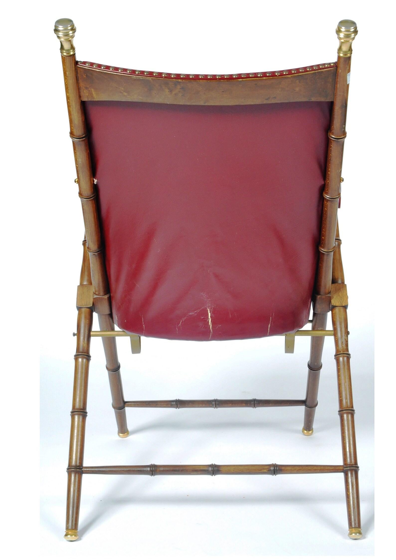 Faux Bamboo Leather & Brass Folding Campaign Chair with Sling Arms Maison Jansen For Sale 1