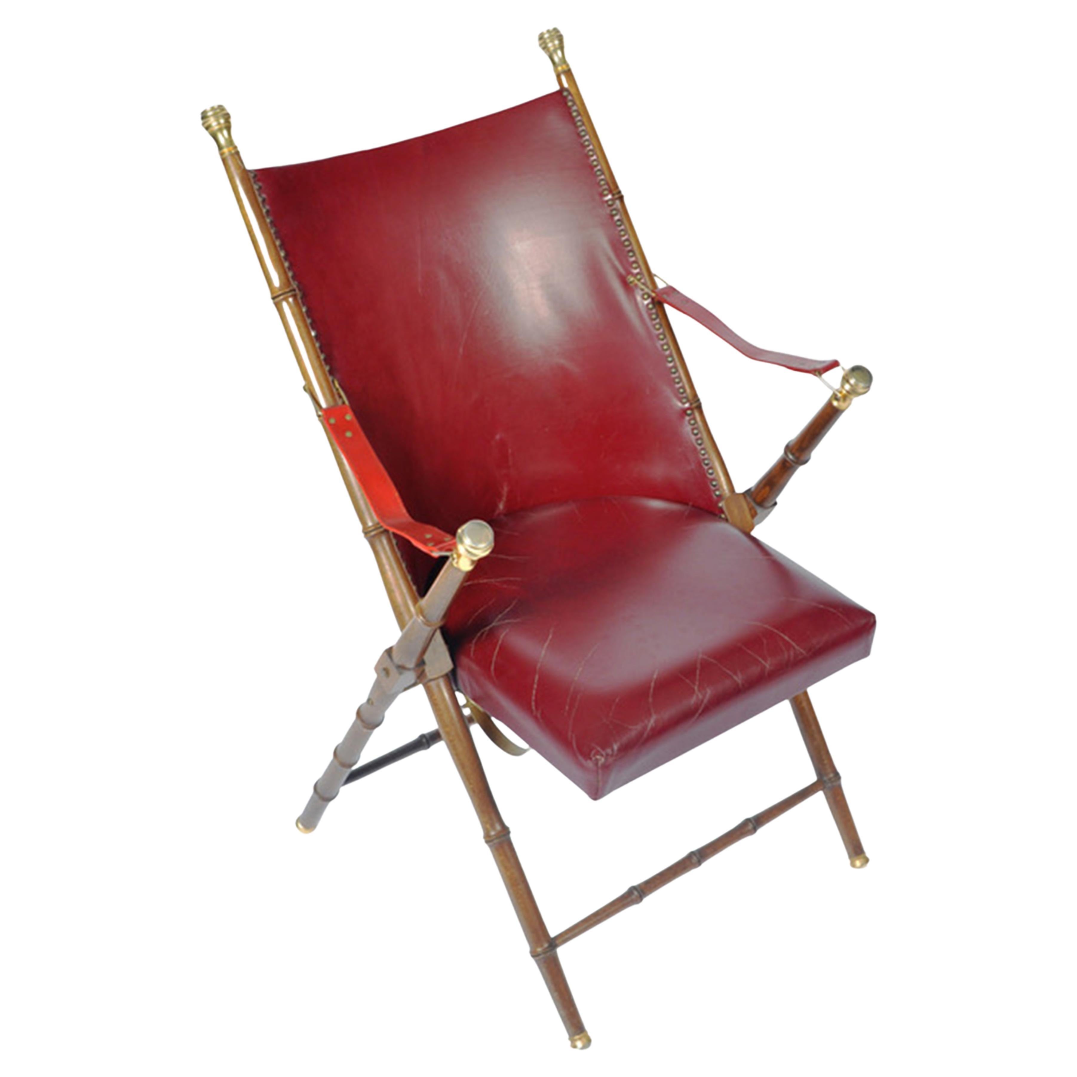 Faux Bamboo Leather & Brass Folding Campaign Chair with Sling Arms Maison Jansen For Sale