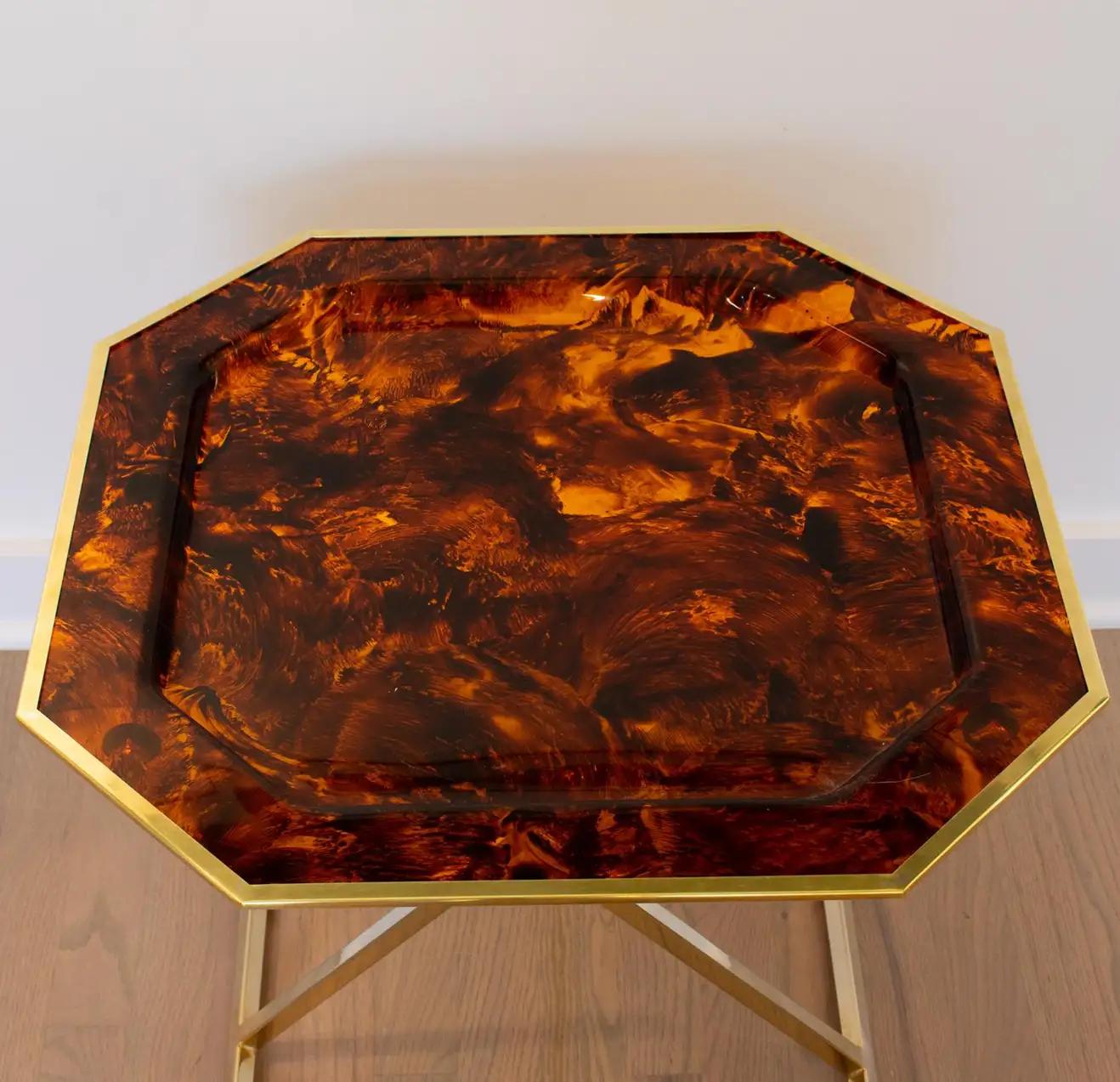 French Maison Mercier Folding Tray Table Brass and Tortoiseshell Lucite, France 1960s For Sale