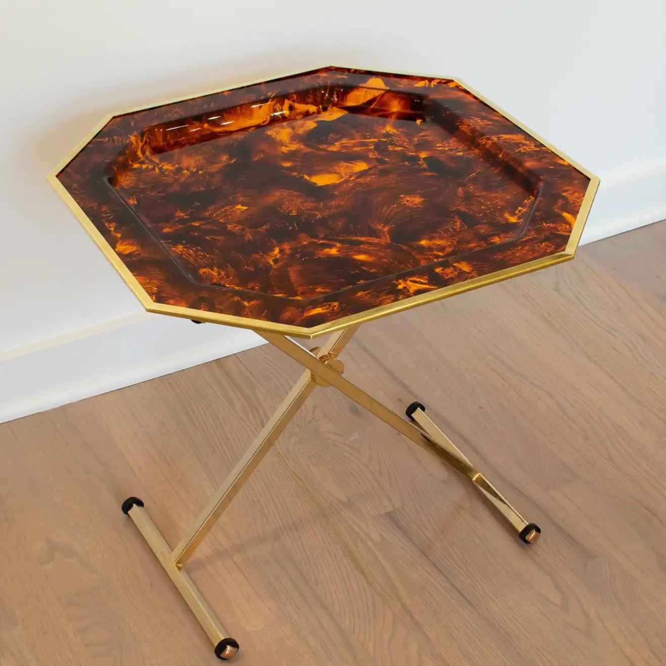 Maison Mercier Folding Tray Table Brass and Tortoiseshell Lucite, France 1960s In Good Condition For Sale In Atlanta, GA