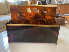 Maison Mercier Paris Magazine Rack in Tortoise Shell Lucite and Brass, 1970